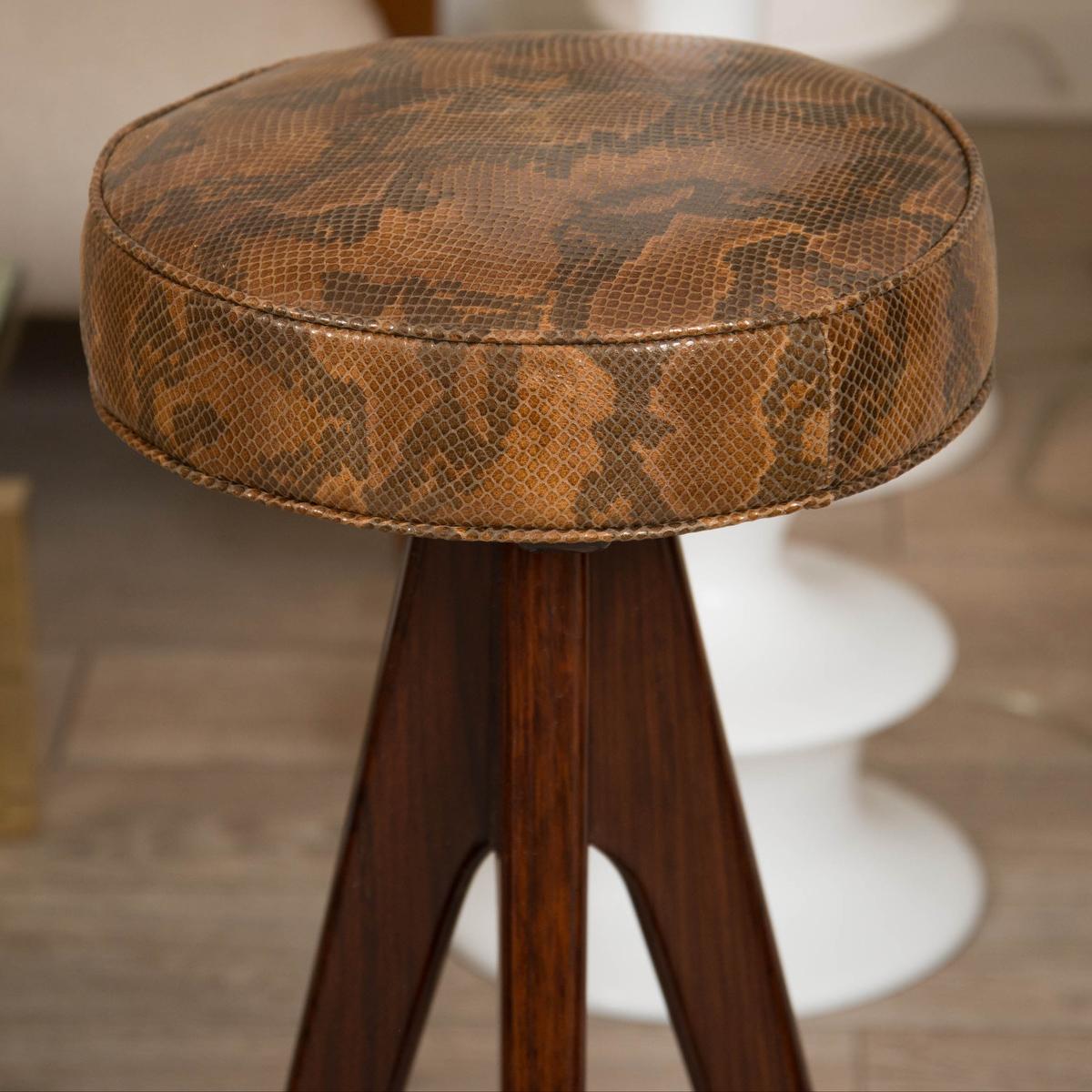 Mid-Century Modern Pair of Four-Leg Wood Stools with Snake Skin Upholstered Seats and Brass Details For Sale