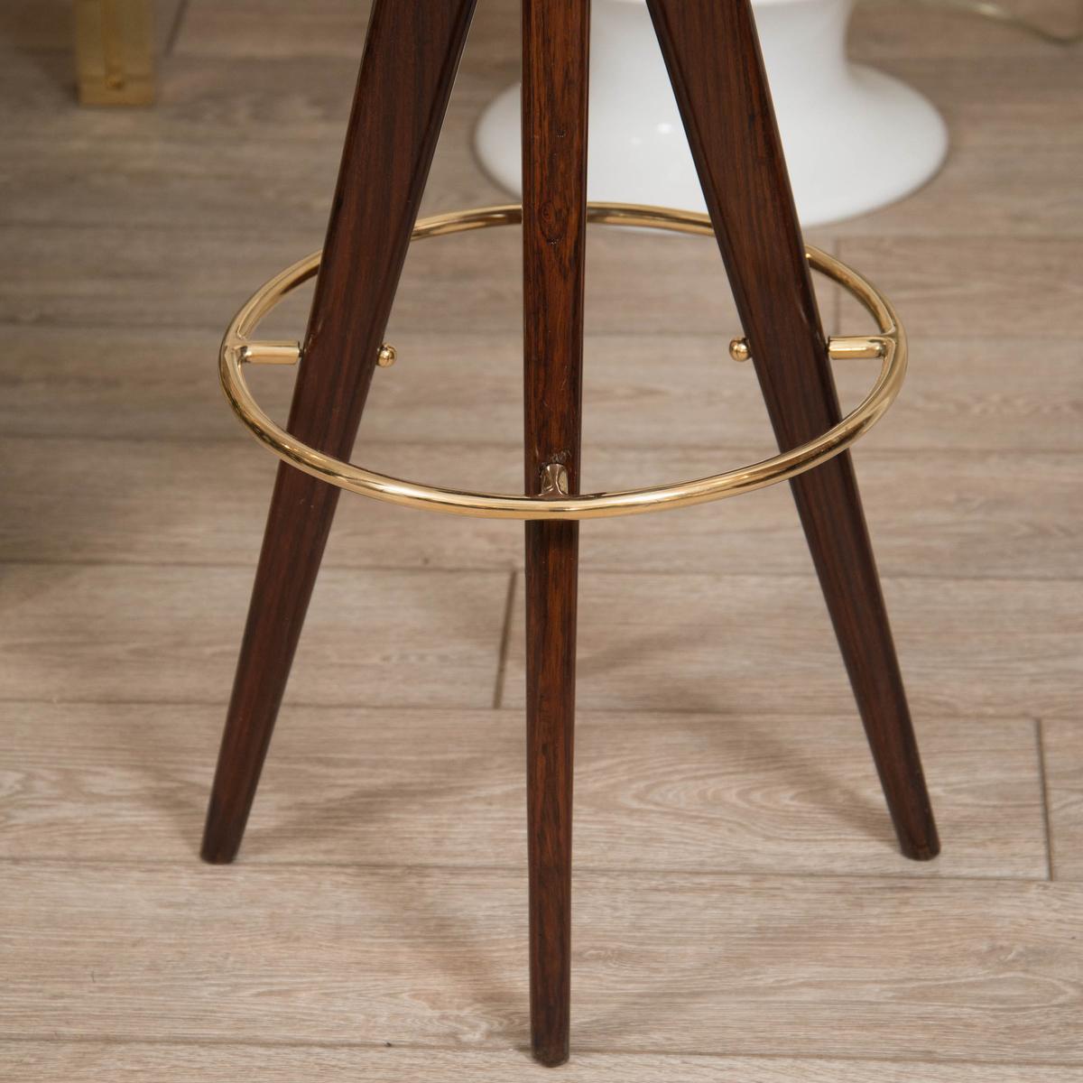 Italian Pair of Four-Leg Wood Stools with Snake Skin Upholstered Seats and Brass Details For Sale