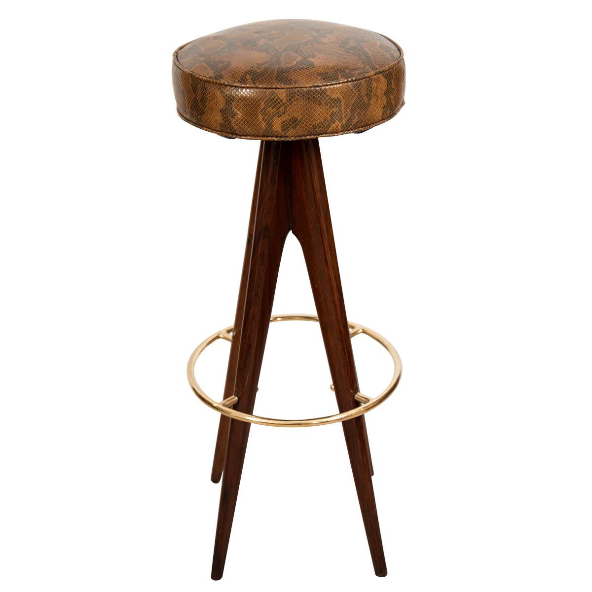 Pair of Four-Leg Wood Stools with Snake Skin Upholstered Seats and Brass Details For Sale