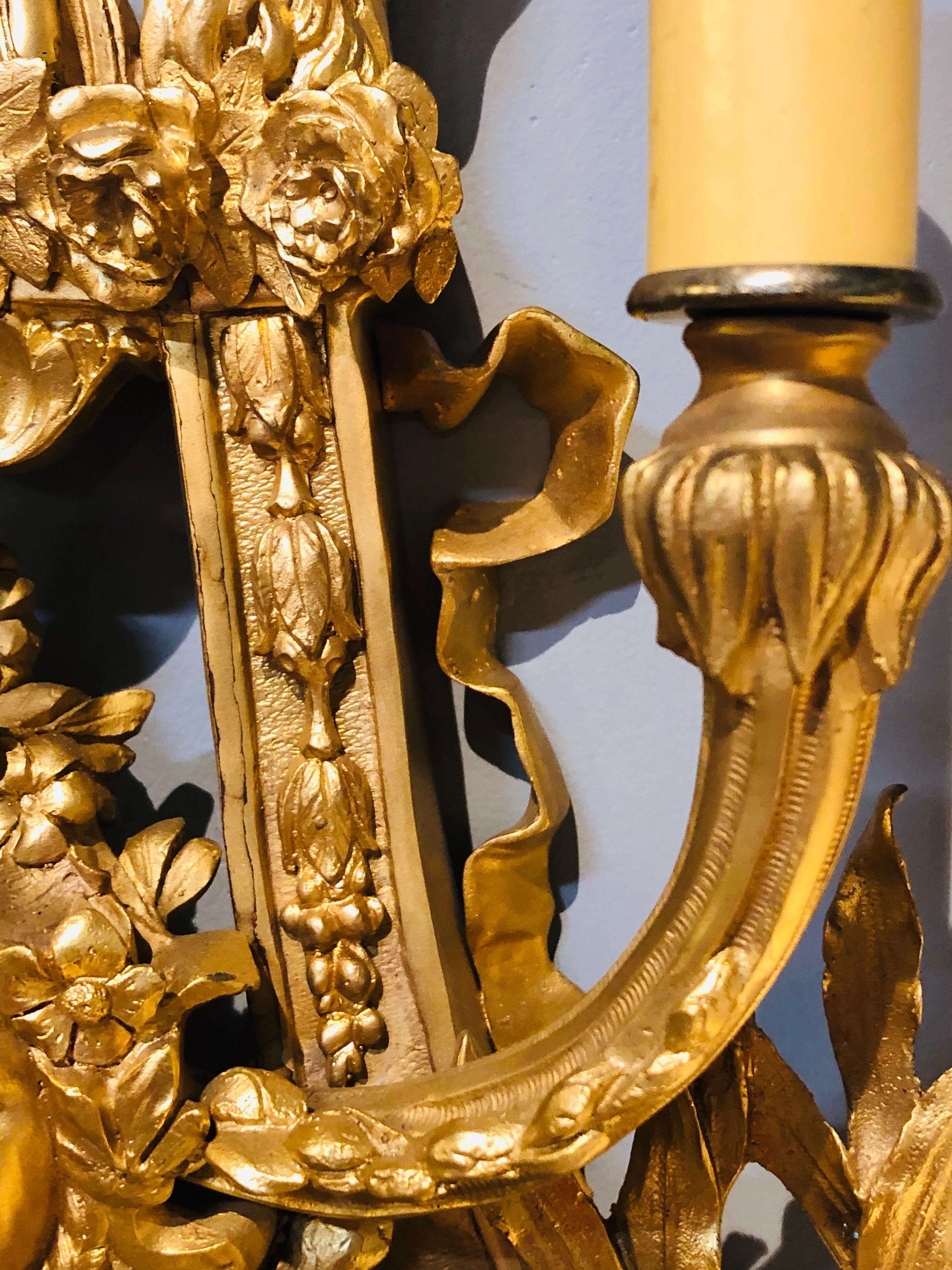 Pair of Four-Light Louis XVI Style Bird & Face Mounted Gilt Bronze Wall Sconces 8