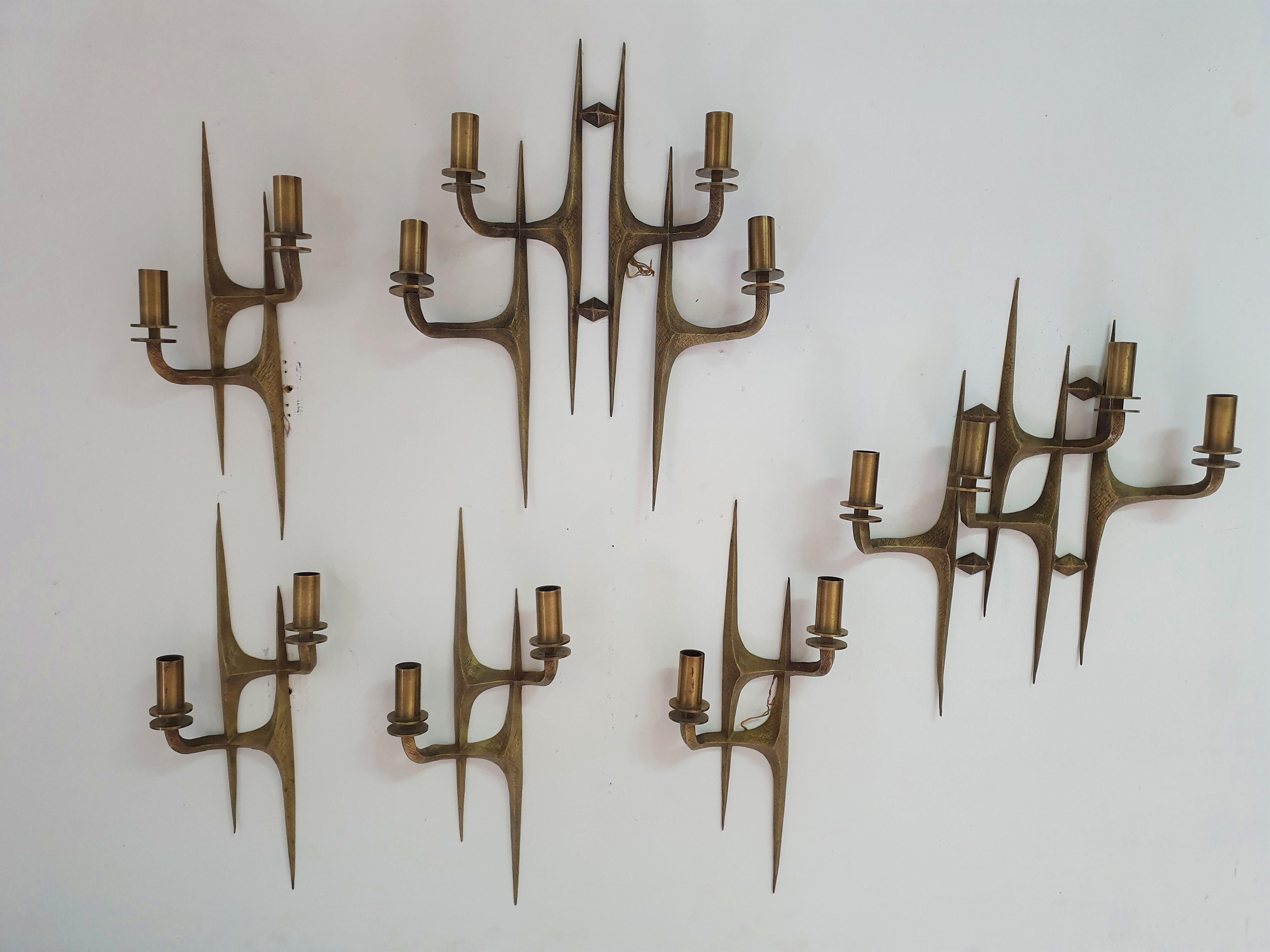 Brass Pair of Four Light Mid-Century Modern Brutalist Sconces, Italy, circa 1960s For Sale