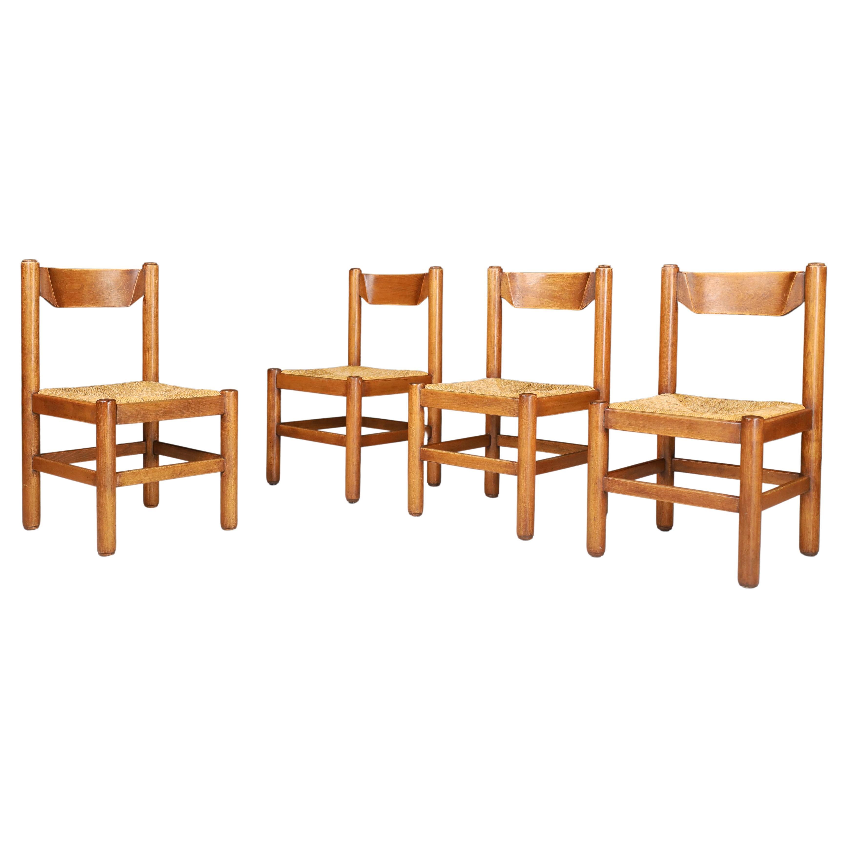 Pair of Four Oak and Rush Chairs in the Style of Charlotte Perriand, France 1960