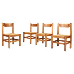 Retro Pair of Four Oak and Rush Chairs in the Style of Charlotte Perriand, France 1960