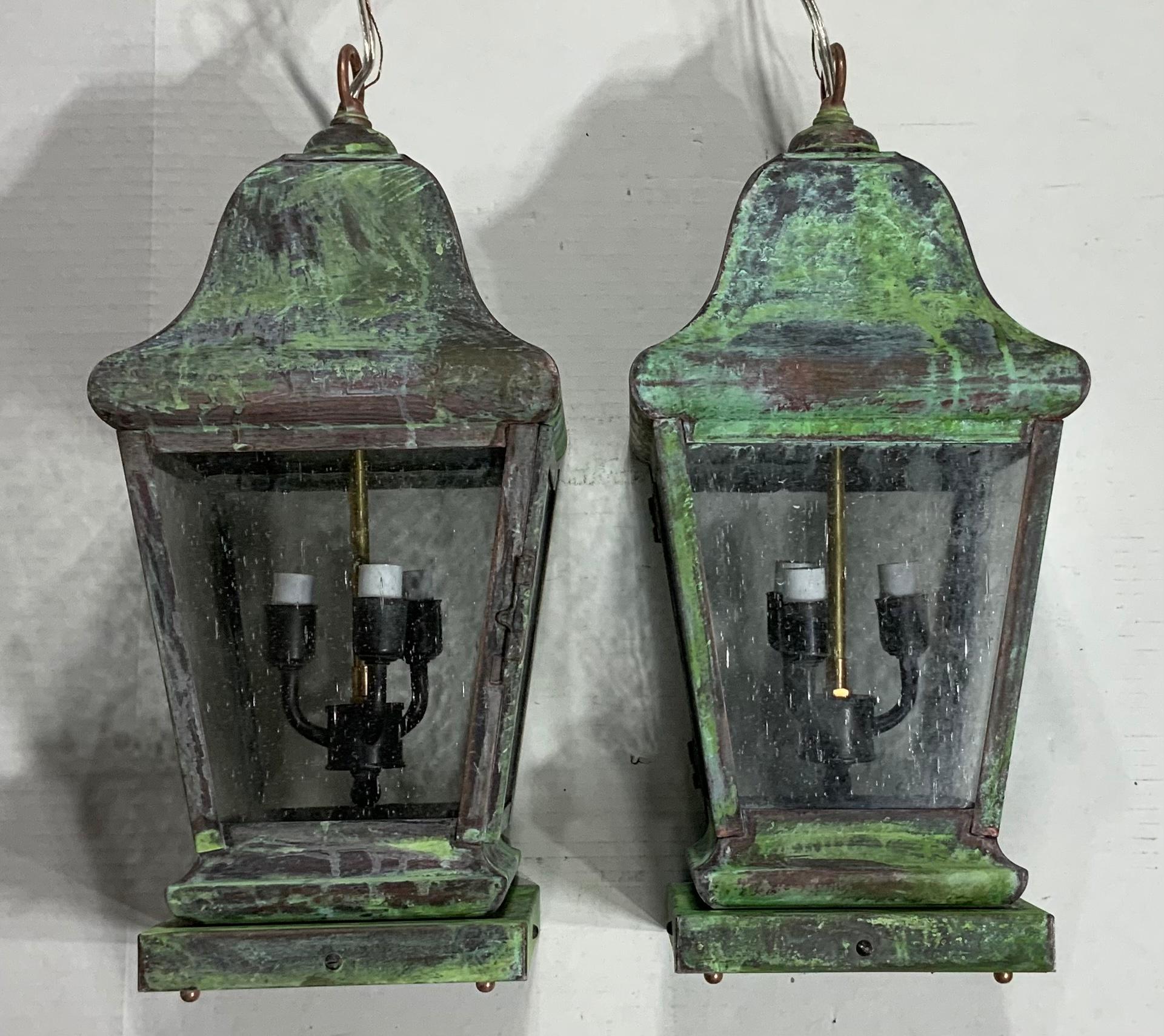 Pair of Four Sides Quality Solid  Brass Hanging Lanterns For Sale 3