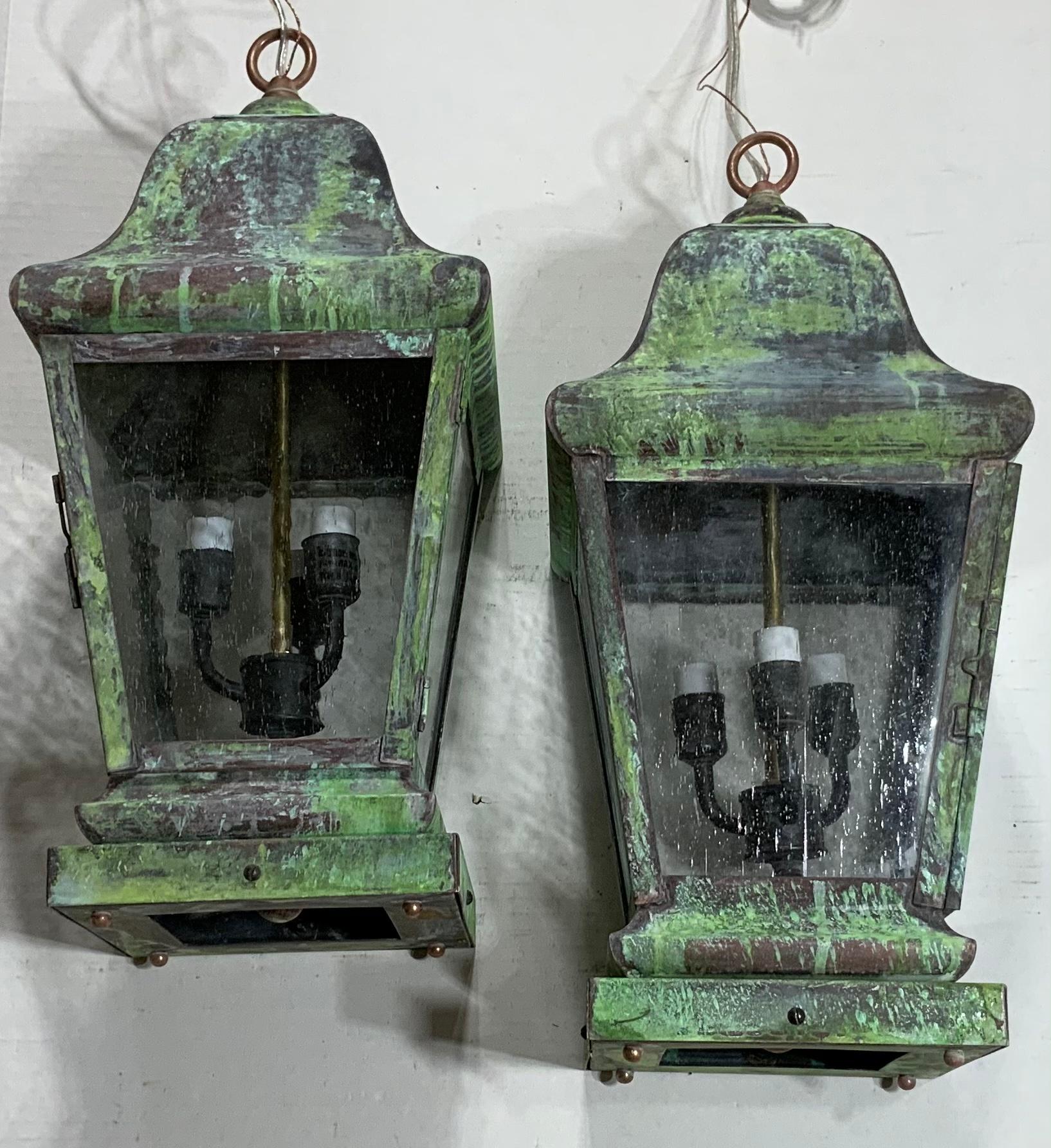 Pair of Four Sides Quality Solid  Brass Hanging Lanterns For Sale 5