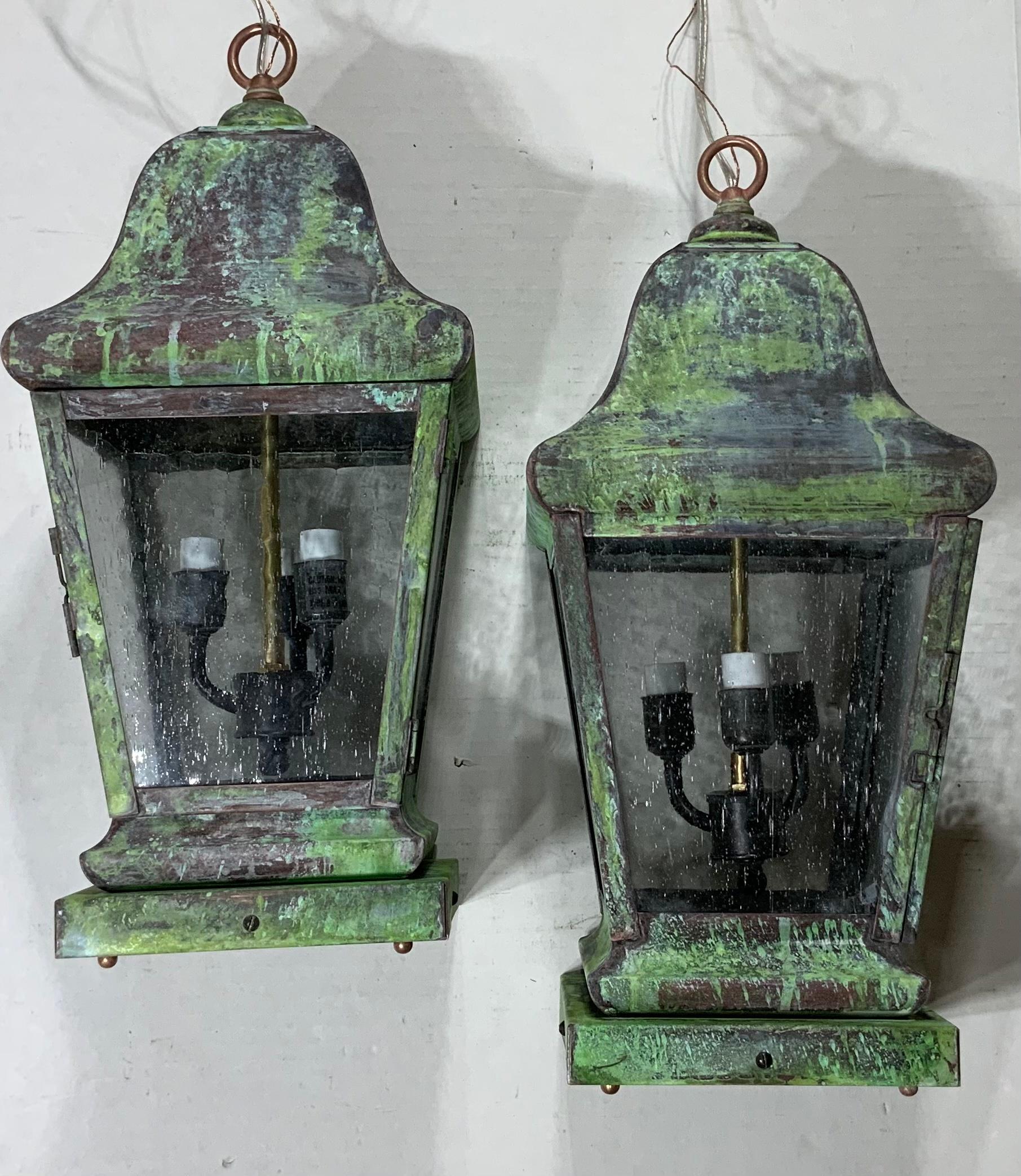 Pair of Four Sides Quality Solid  Brass Hanging Lanterns For Sale 6