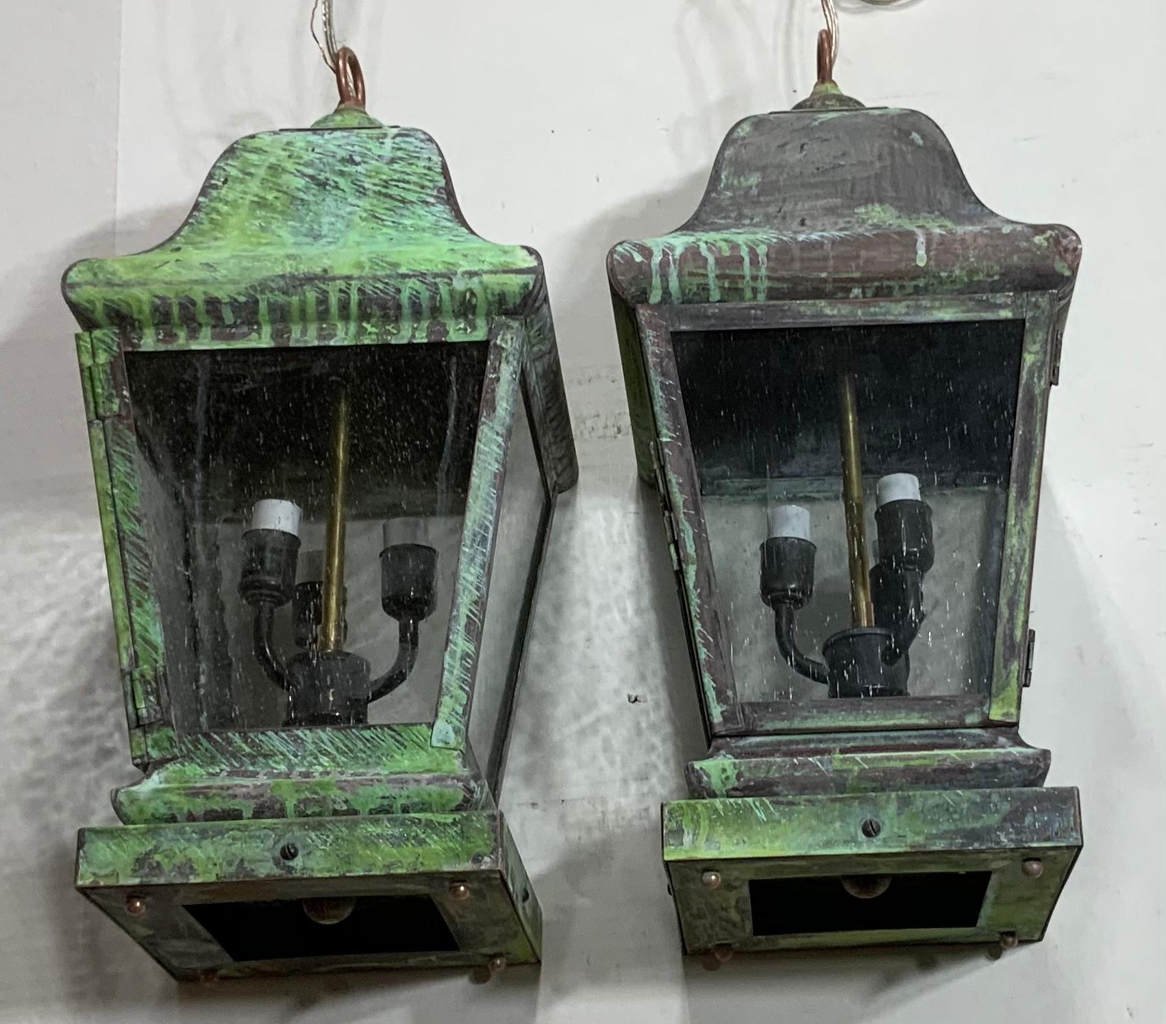 American Pair of Four Sides Quality Solid  Brass Hanging Lanterns For Sale