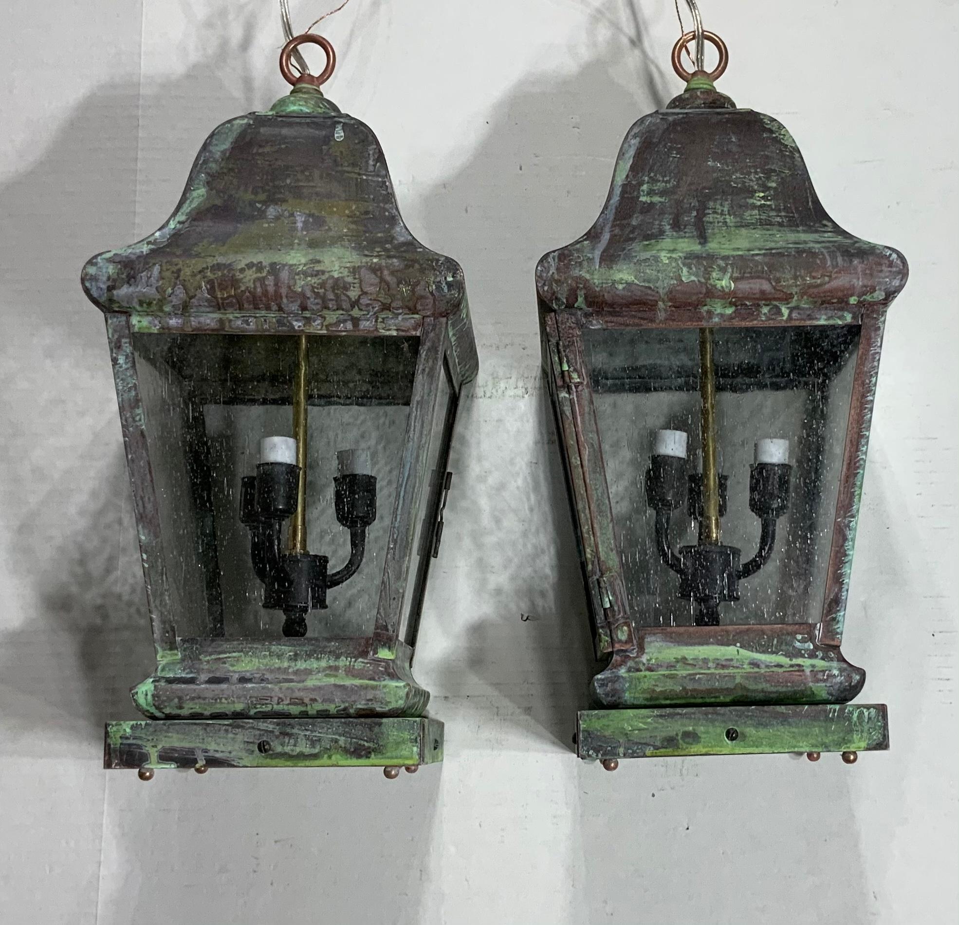 Pair of Four Sides Quality Solid  Brass Hanging Lanterns For Sale 2