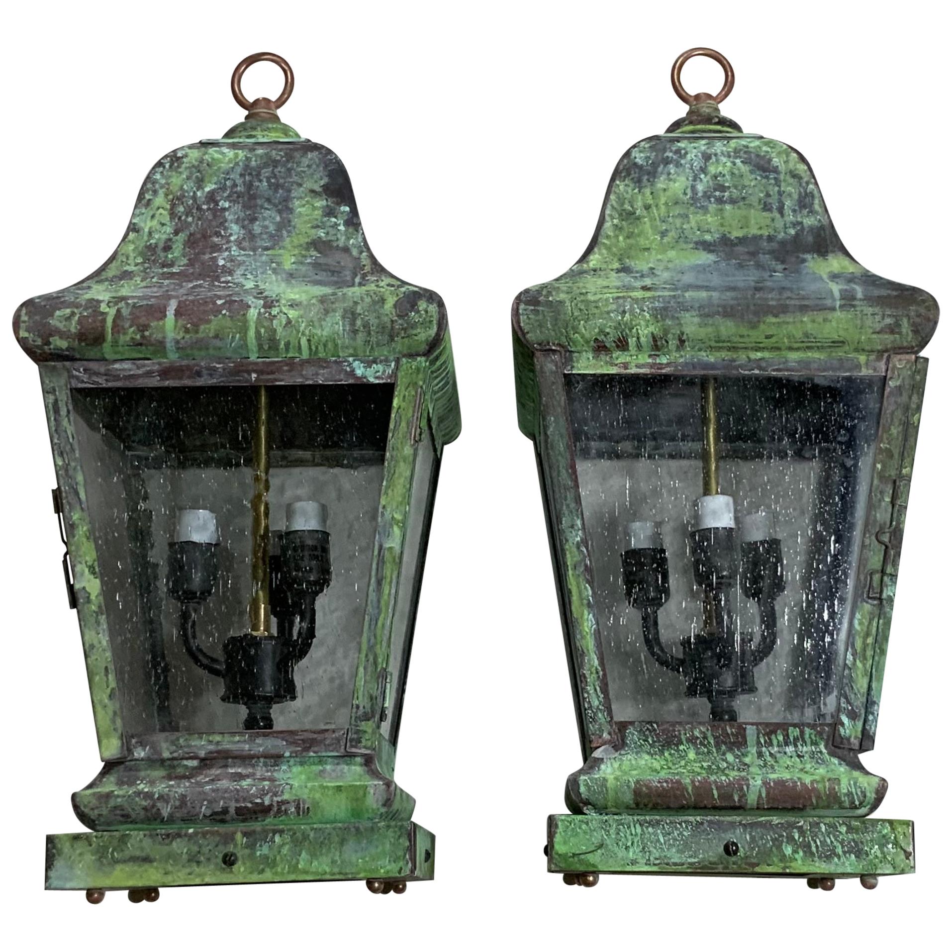 Pair of Four Sides Quality Solid  Brass Hanging Lanterns For Sale