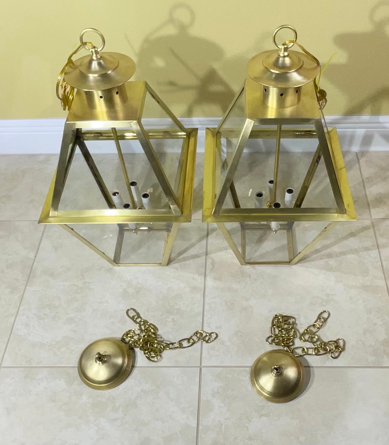 Pair Of four Sides  Solid Brass Handcrafted Hanging Lanterns For Sale 4