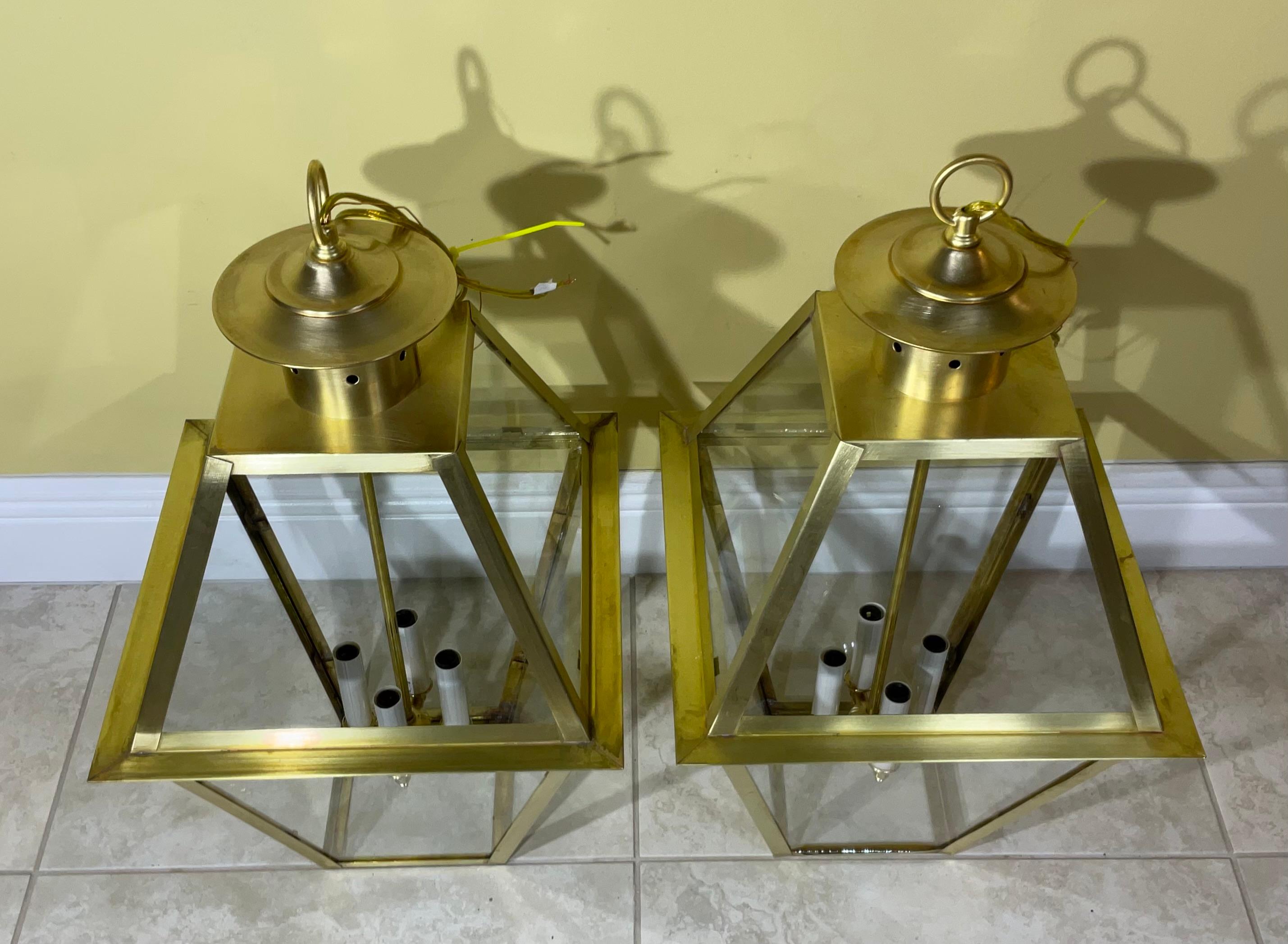 American Pair Of four Sides  Solid Brass Handcrafted Hanging Lanterns For Sale