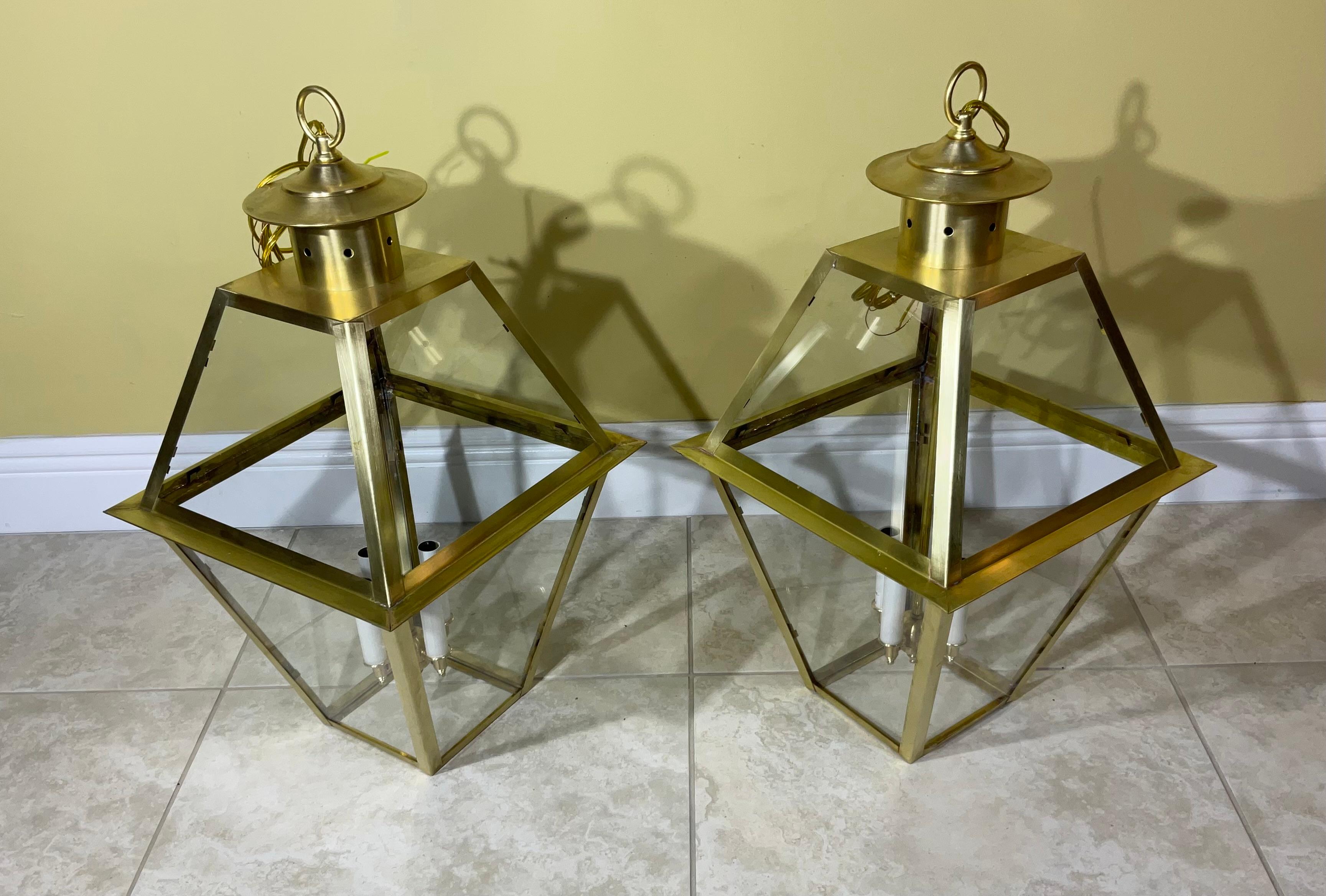 Contemporary Pair Of four Sides  Solid Brass Handcrafted Hanging Lanterns For Sale