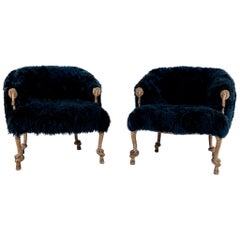 Pair of Fournier Style Navy Sheepskin Chairs