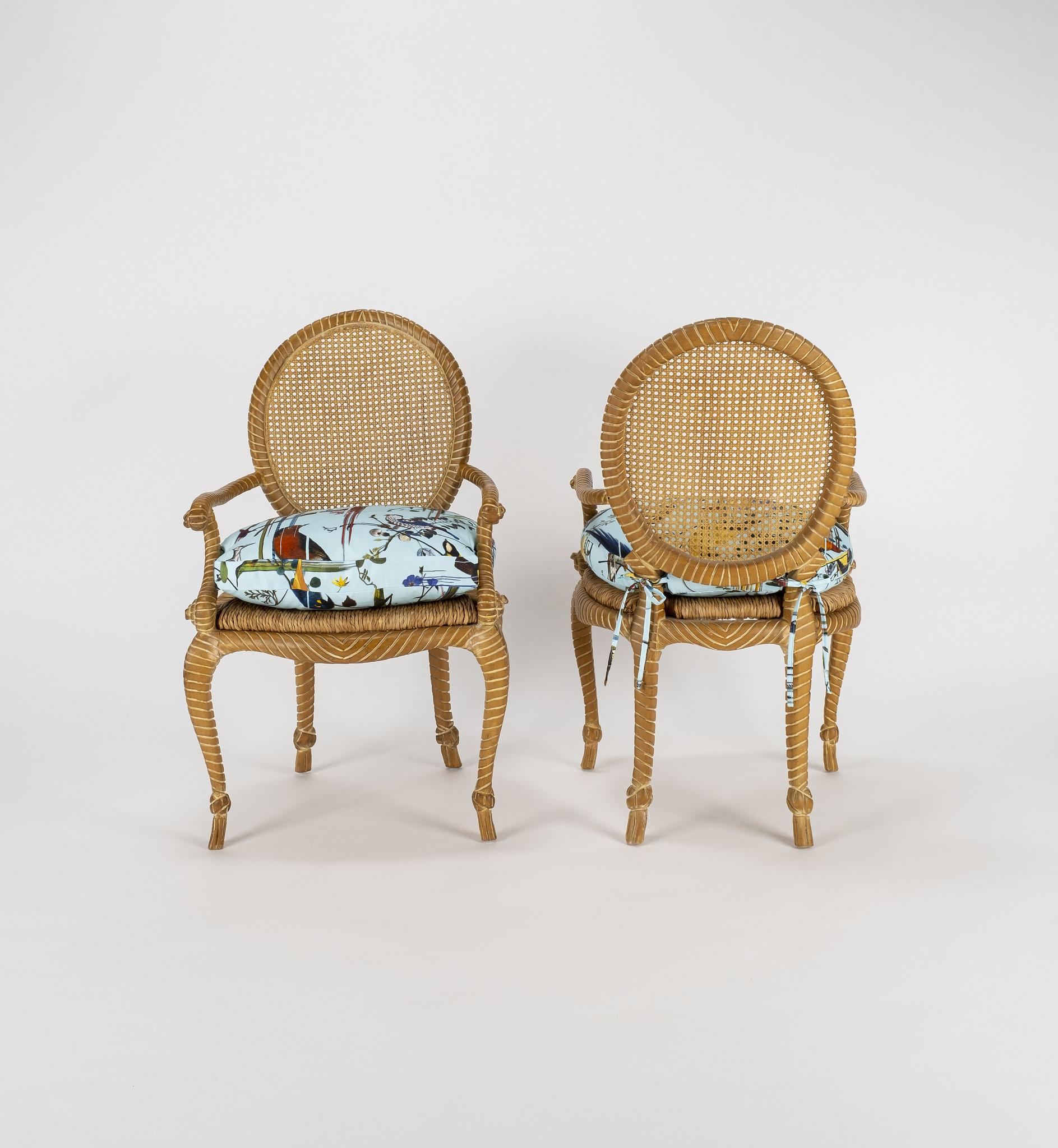 Carved Pair of Fournier Style Rope Armchairs with Christian LaCroix Bird Seat Cushions