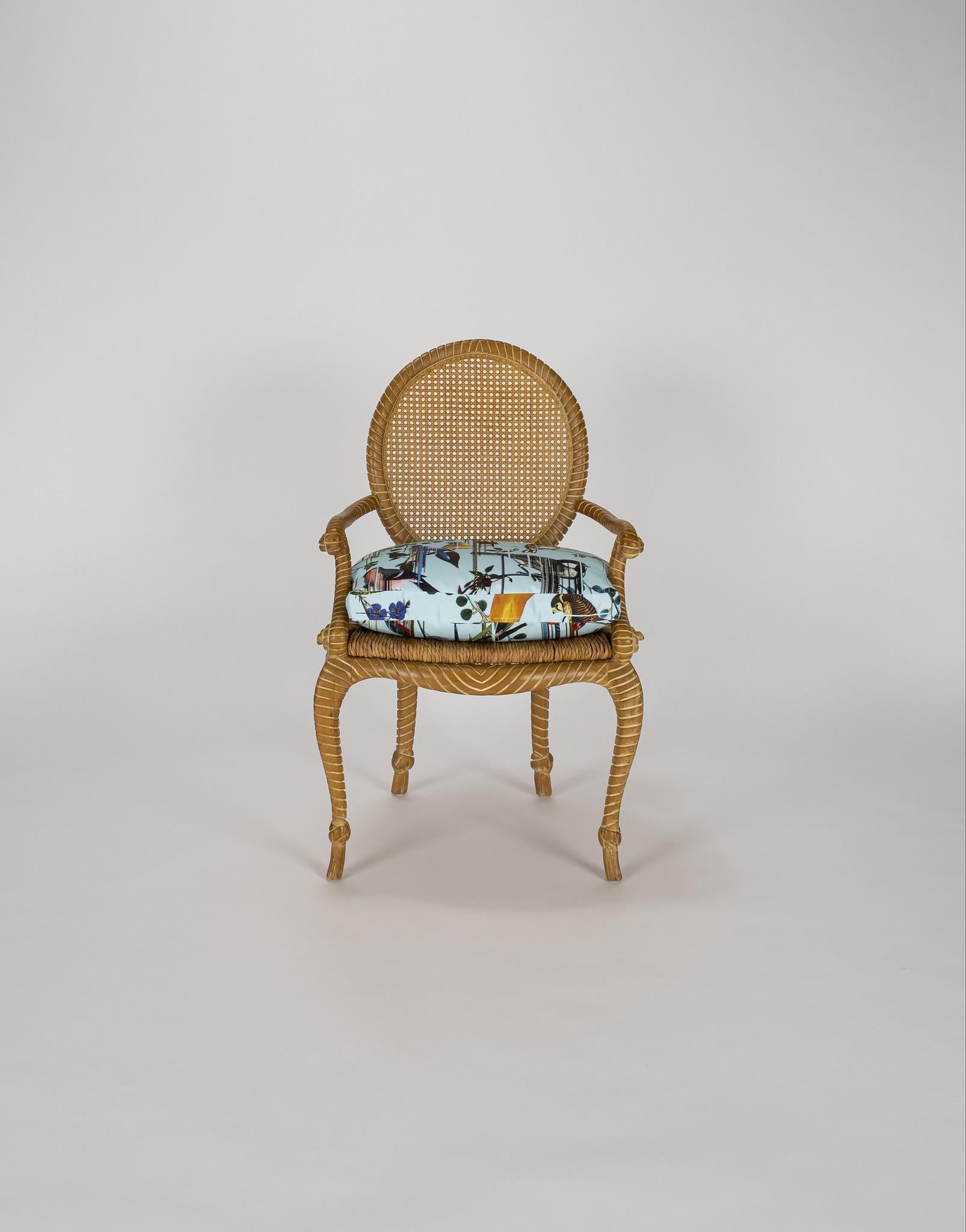 20th Century Pair of Fournier Style Rope Armchairs with Christian LaCroix Bird Seat Cushions