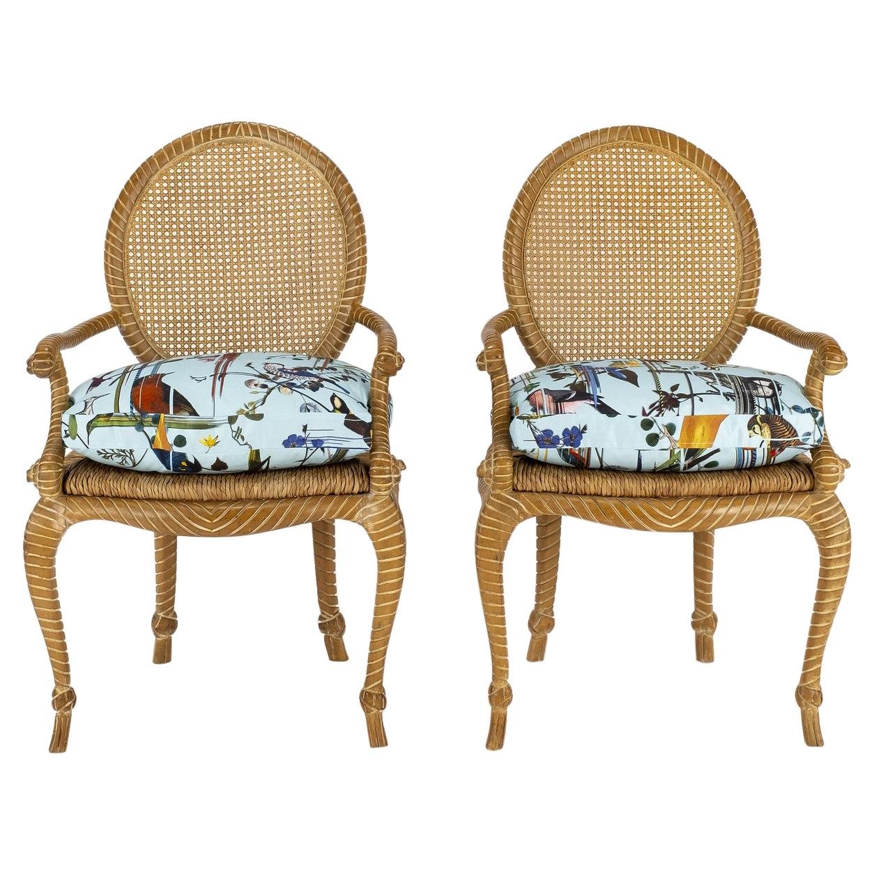 Pair of Fournier Style Rope Armchairs with Christian LaCroix Bird Seat Cushions