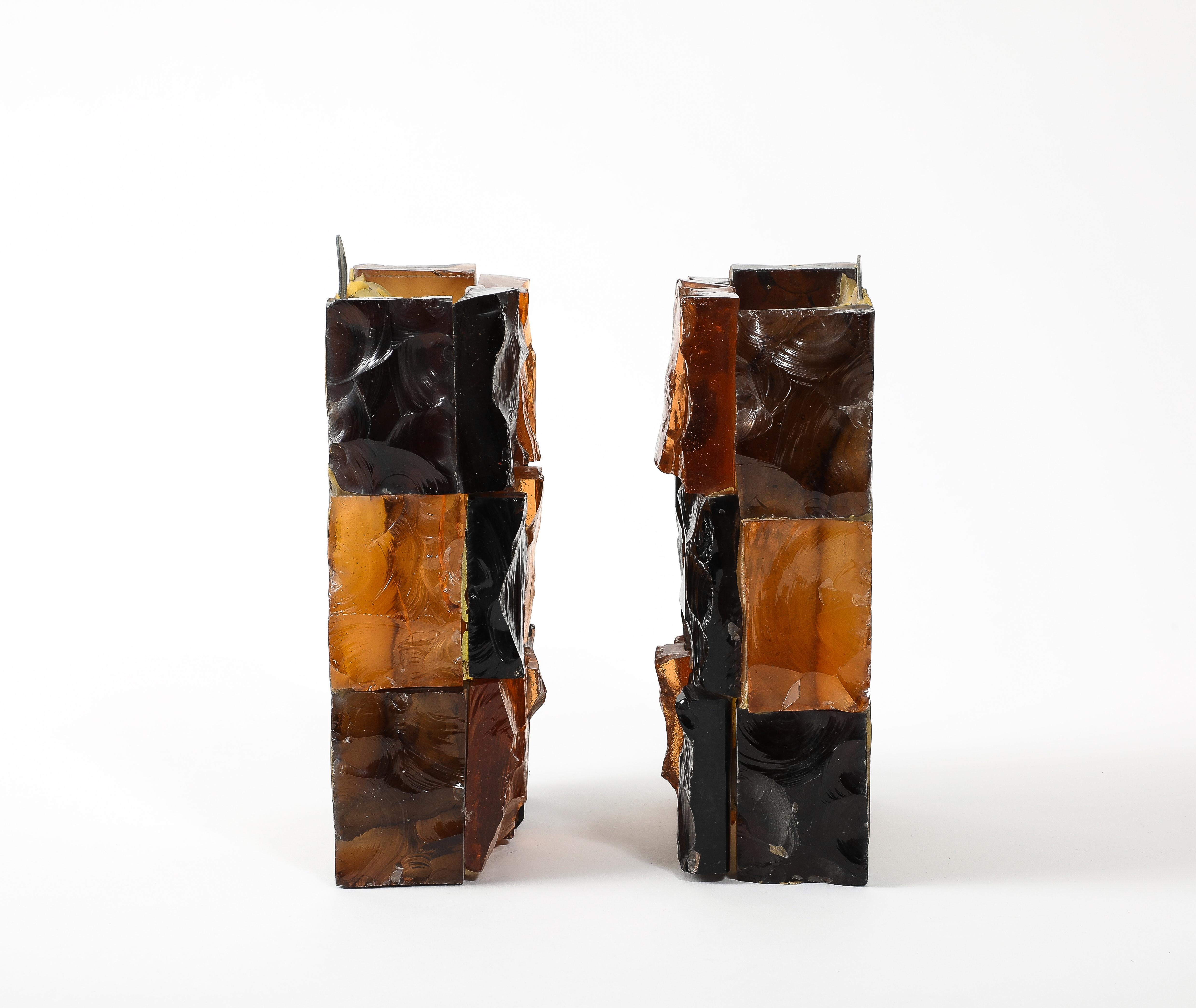 Pair of Fractured Glass Dark Amber Sconces, France 1960’s For Sale 5