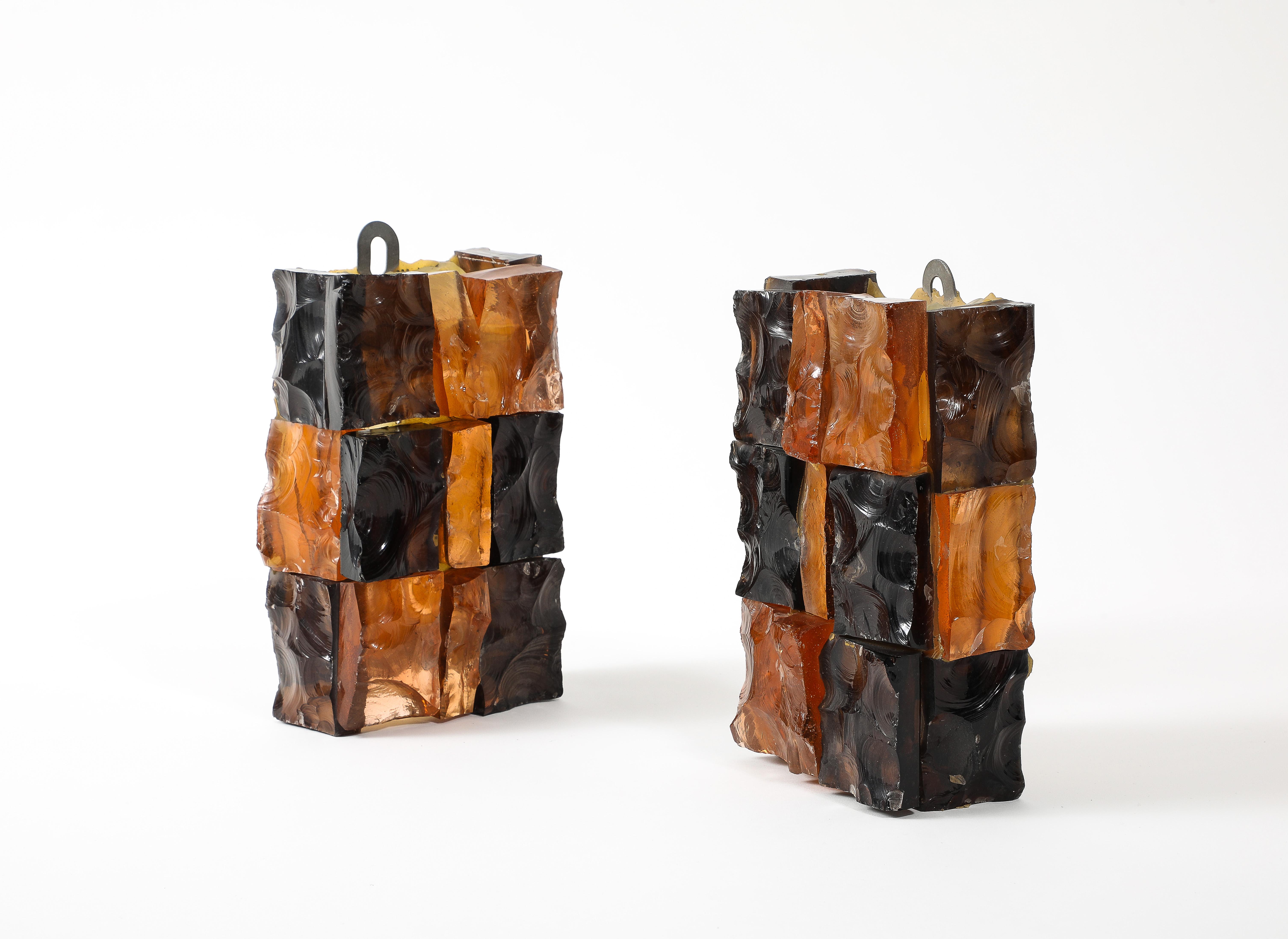 Pair of Fractured Glass Dark Amber Sconces, France 1960’s For Sale 6