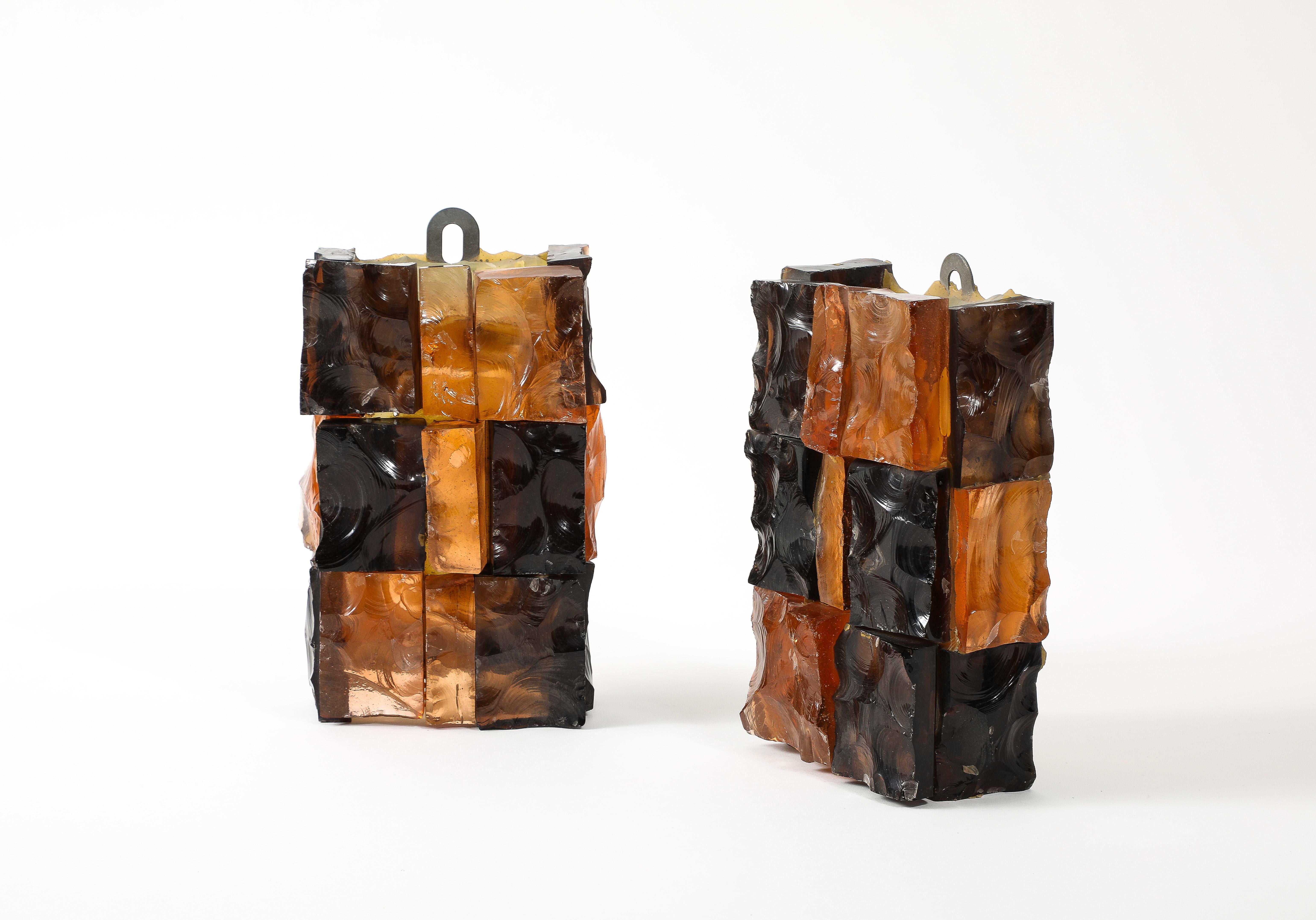 Pair of Fractured Glass Dark Amber Sconces, France 1960’s For Sale 7