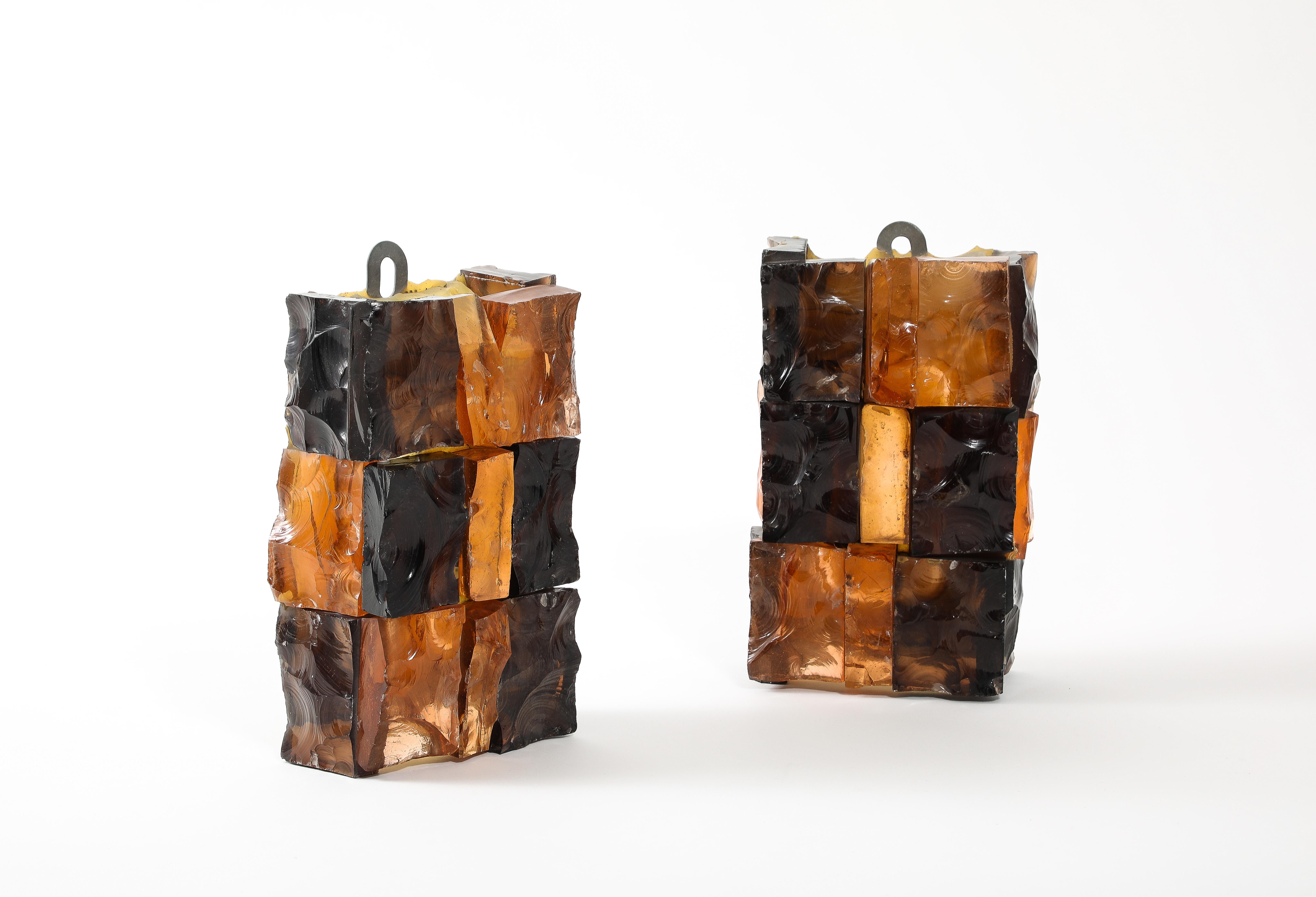 Pair of Fractured Glass Dark Amber Sconces, France 1960’s For Sale 8