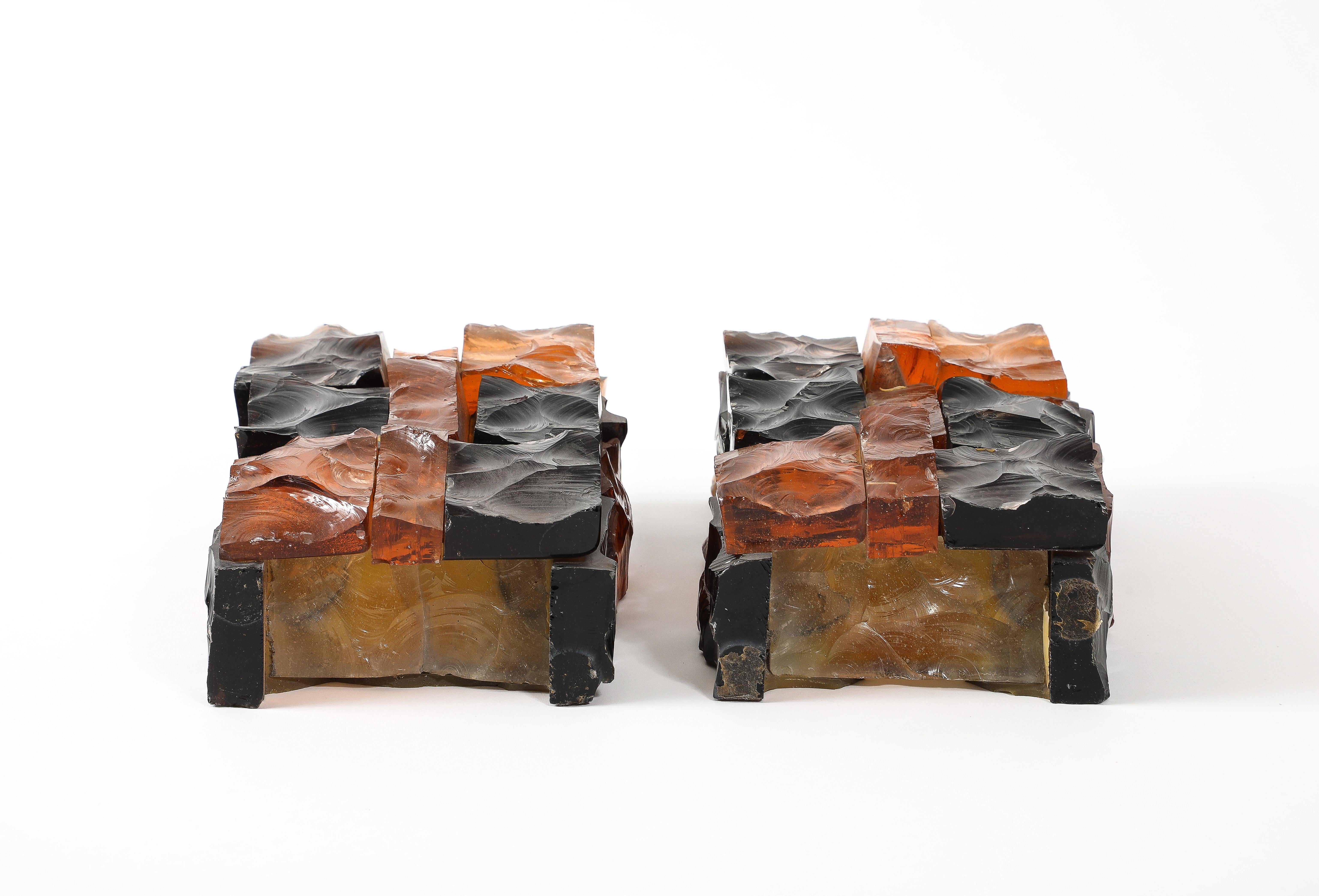 Pair of Fractured Glass Dark Amber Sconces, France 1960’s For Sale 9