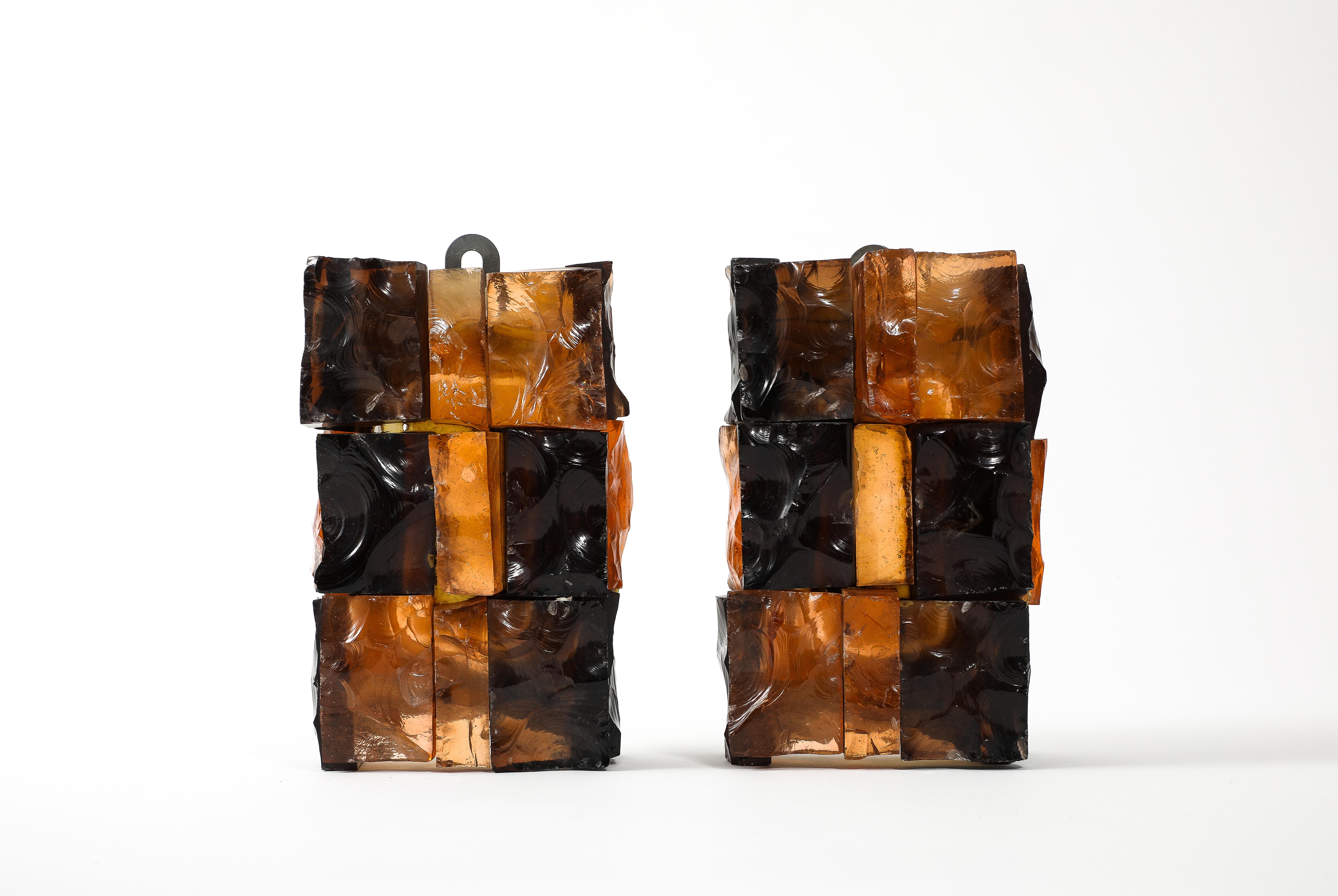 Pair of Fractured Glass Dark Amber Sconces, France 1960’s For Sale 10