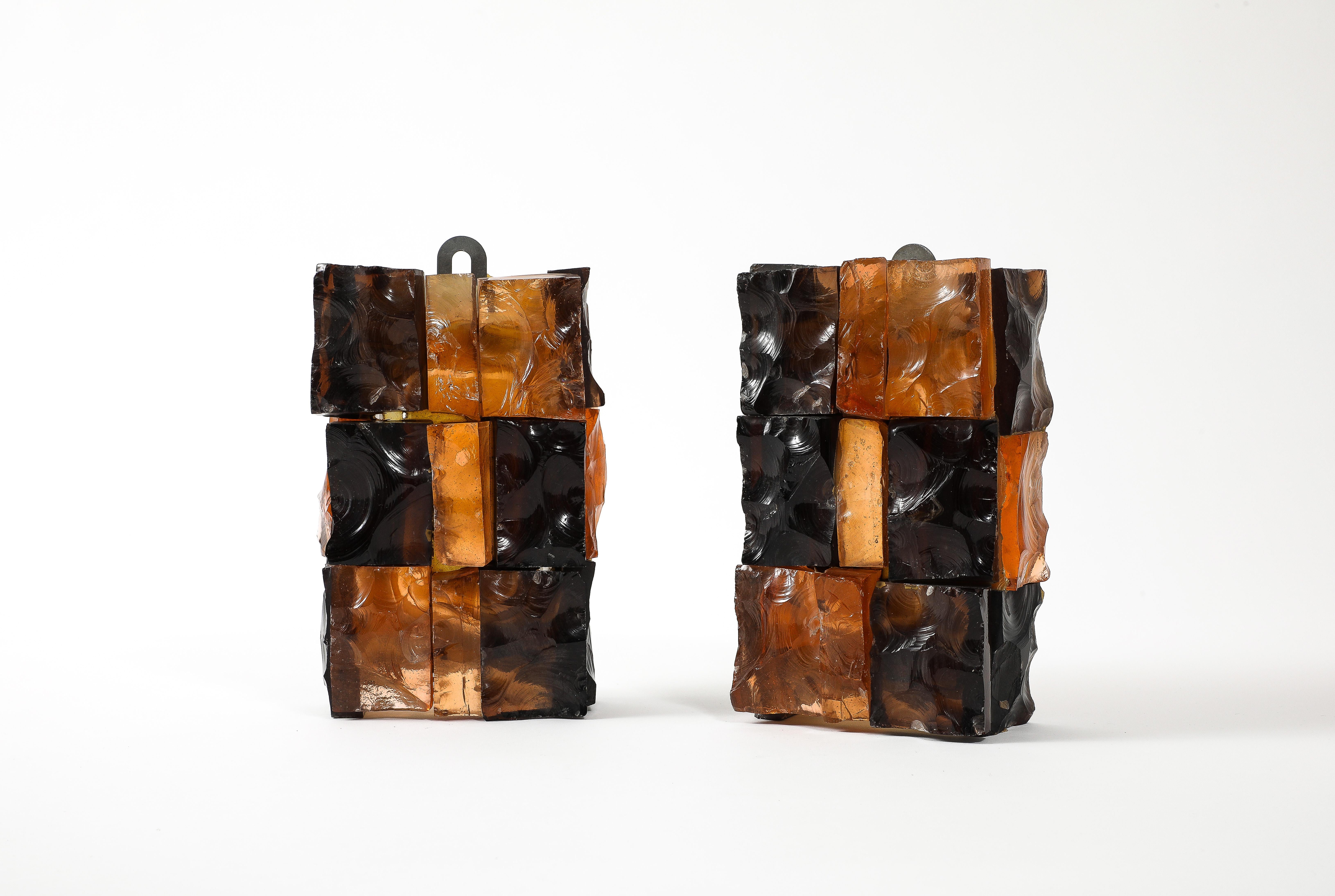 Pair of Fractured Glass Dark Amber Sconces, France 1960’s For Sale 11