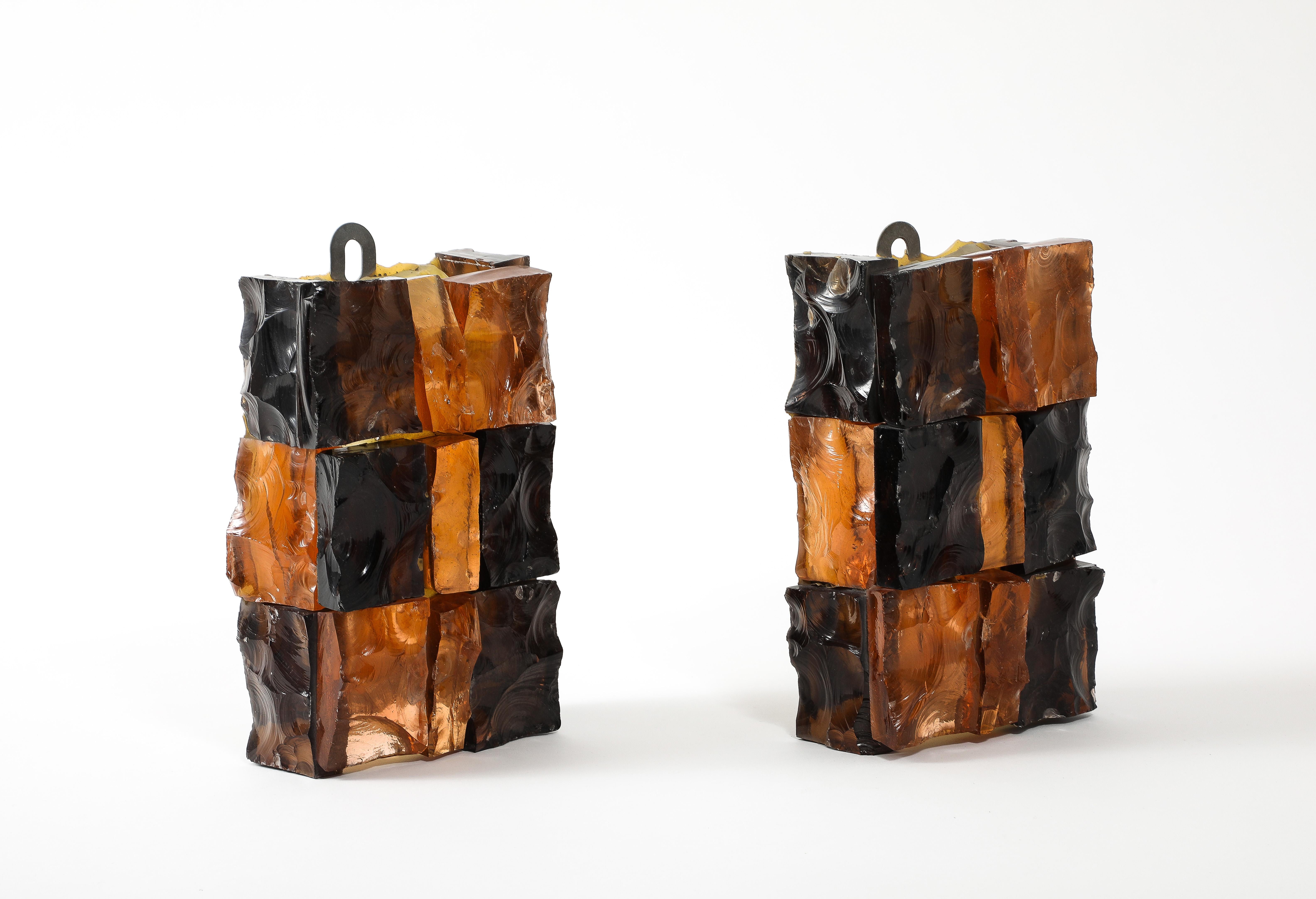 Pair of Fractured Glass Dark Amber Sconces, France 1960’s In Good Condition For Sale In New York, NY