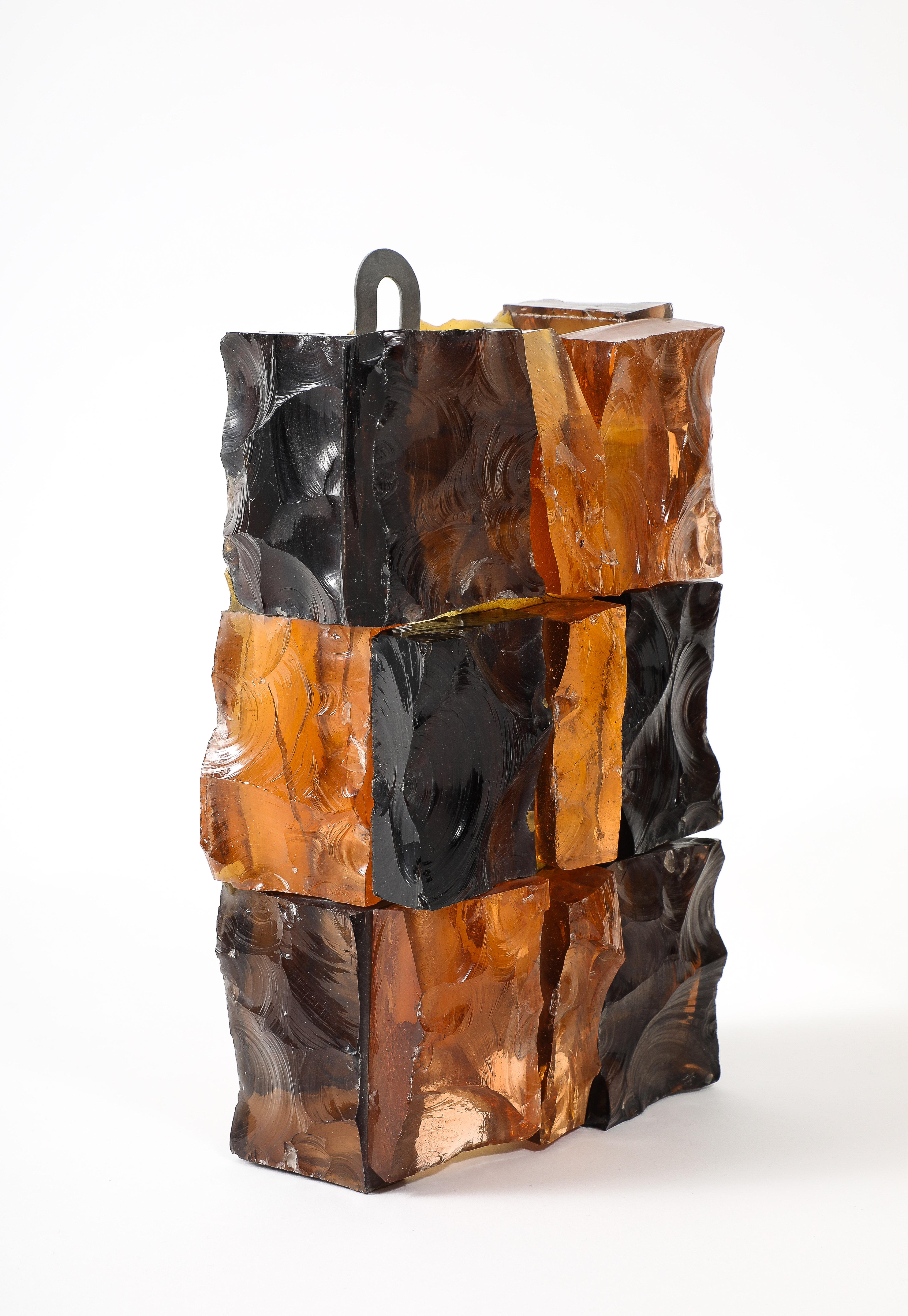 Mid-20th Century Pair of Fractured Glass Dark Amber Sconces, France 1960’s For Sale