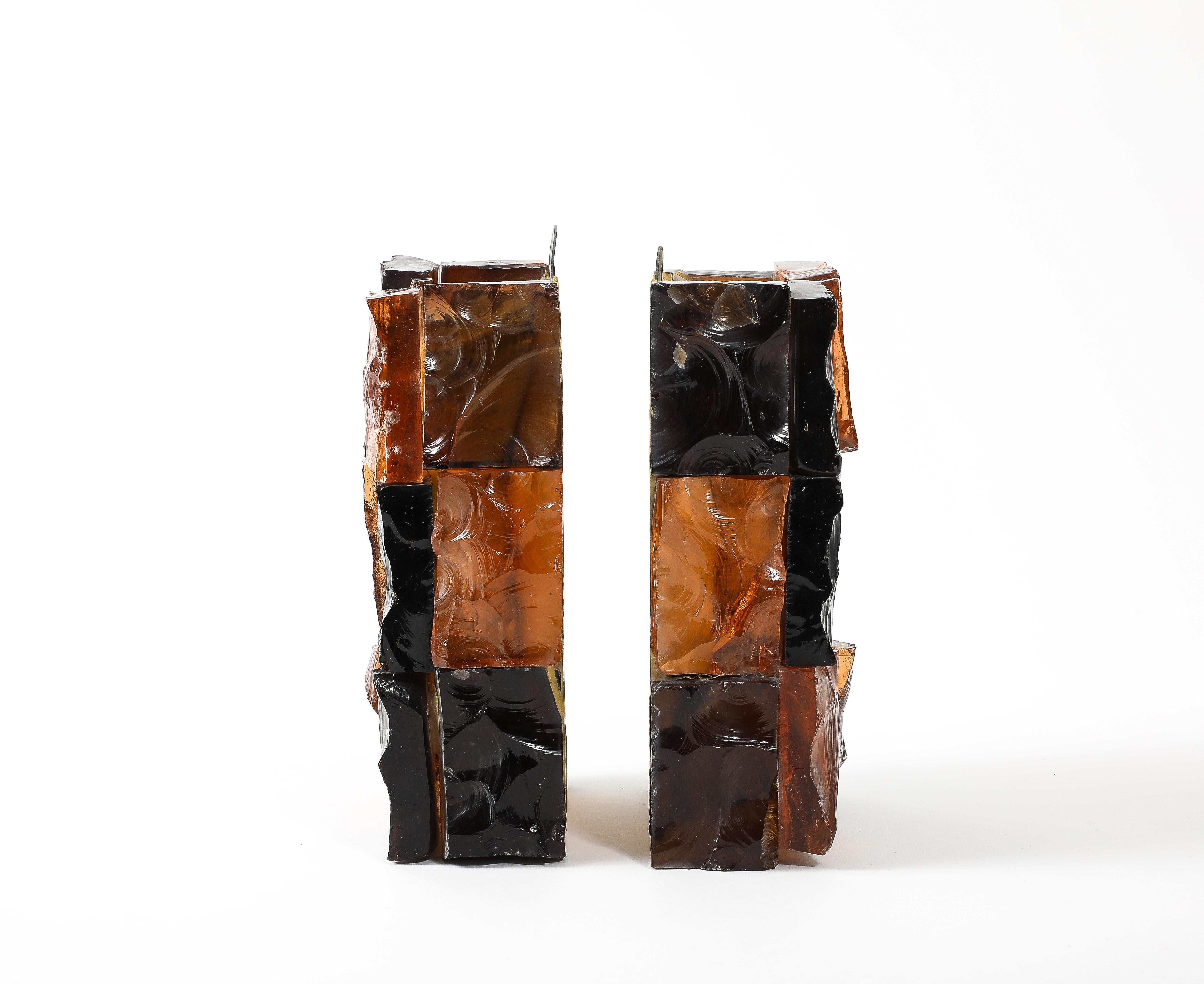 Pair of Fractured Glass Dark Amber Sconces, France 1960’s For Sale 3