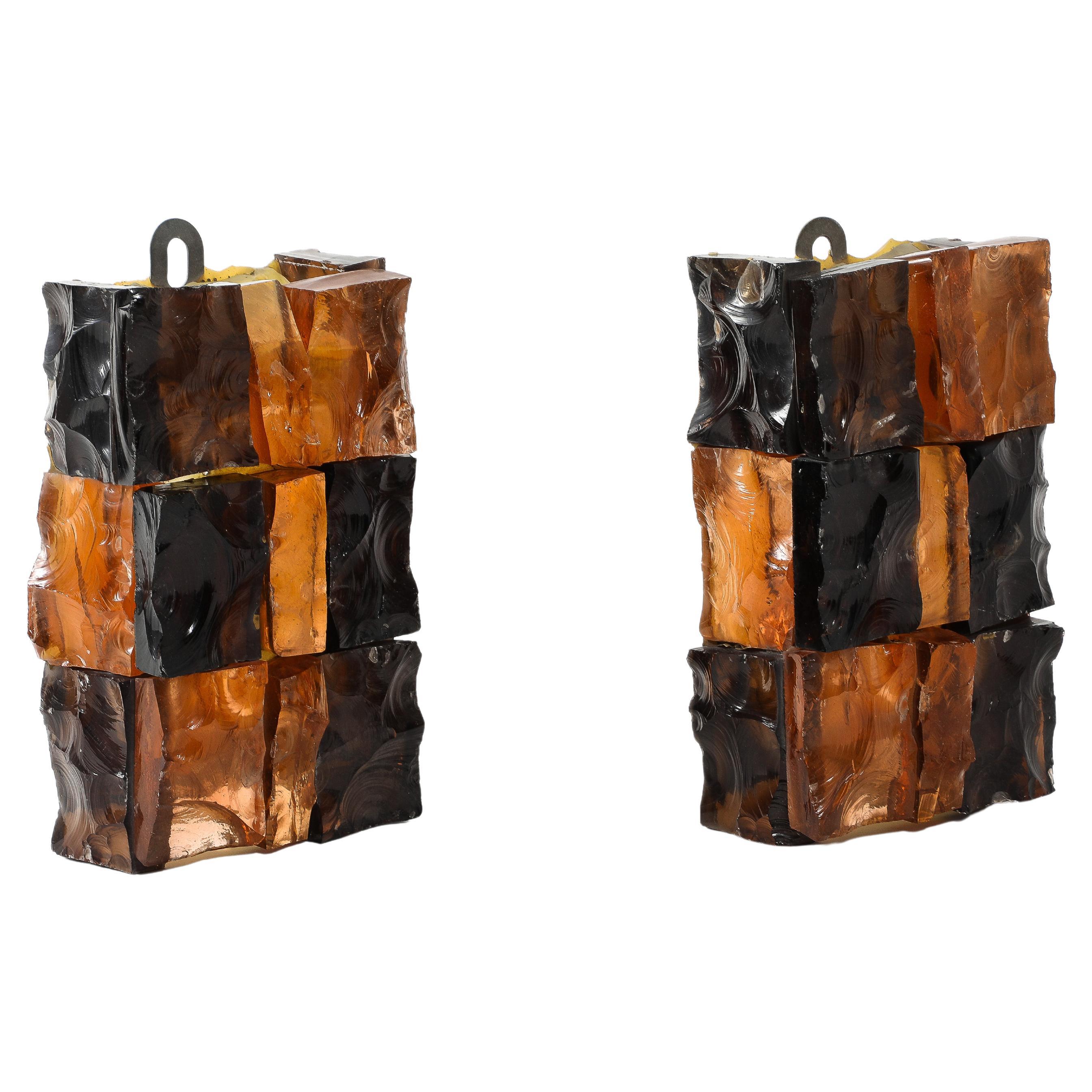 Pair of Fractured Glass Dark Amber Sconces, France 1960’s For Sale