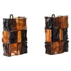 Pair of Fractured Glass Dark Amber Sconces, France 1960’s