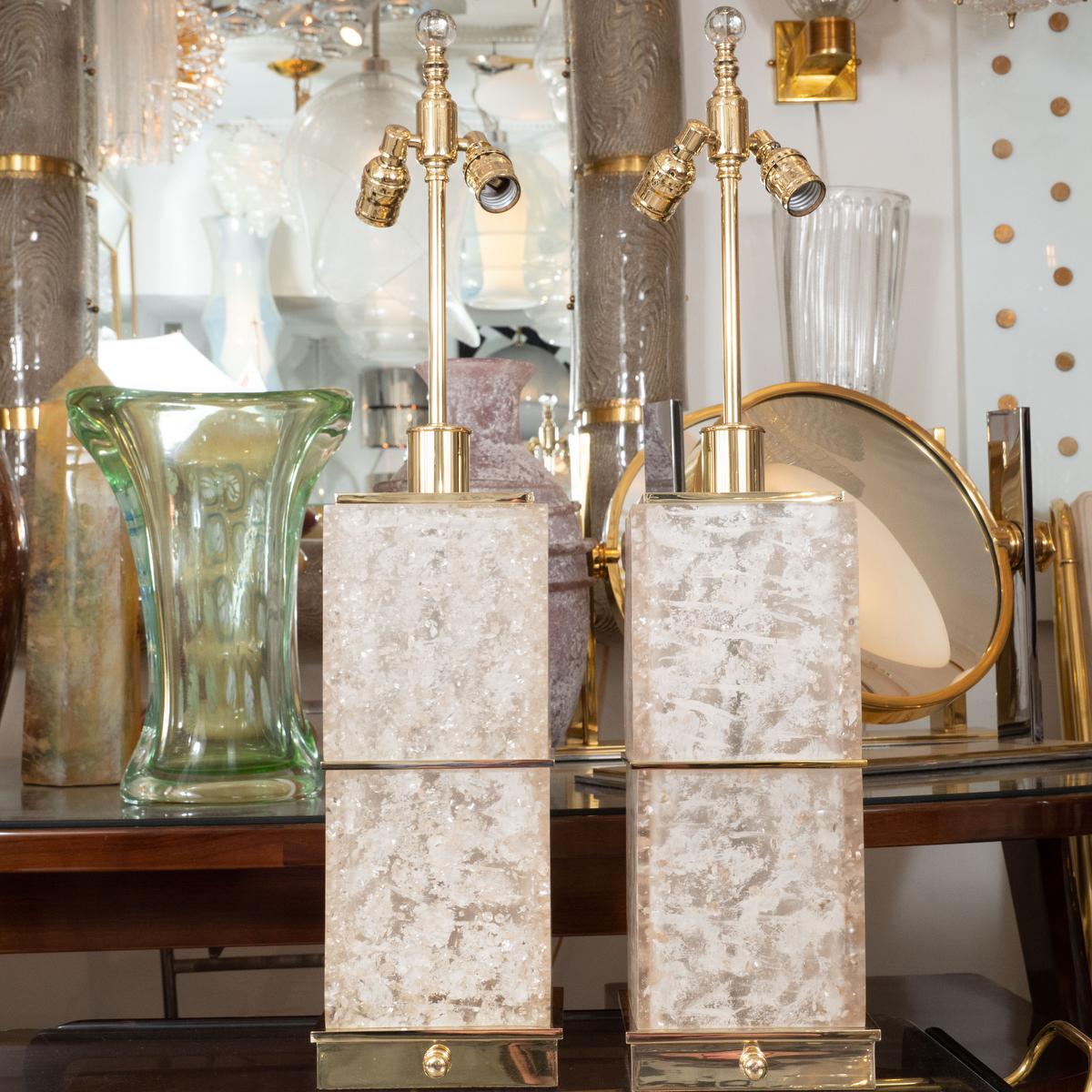 Pair of fractured resin block table lamps with brass hardware.