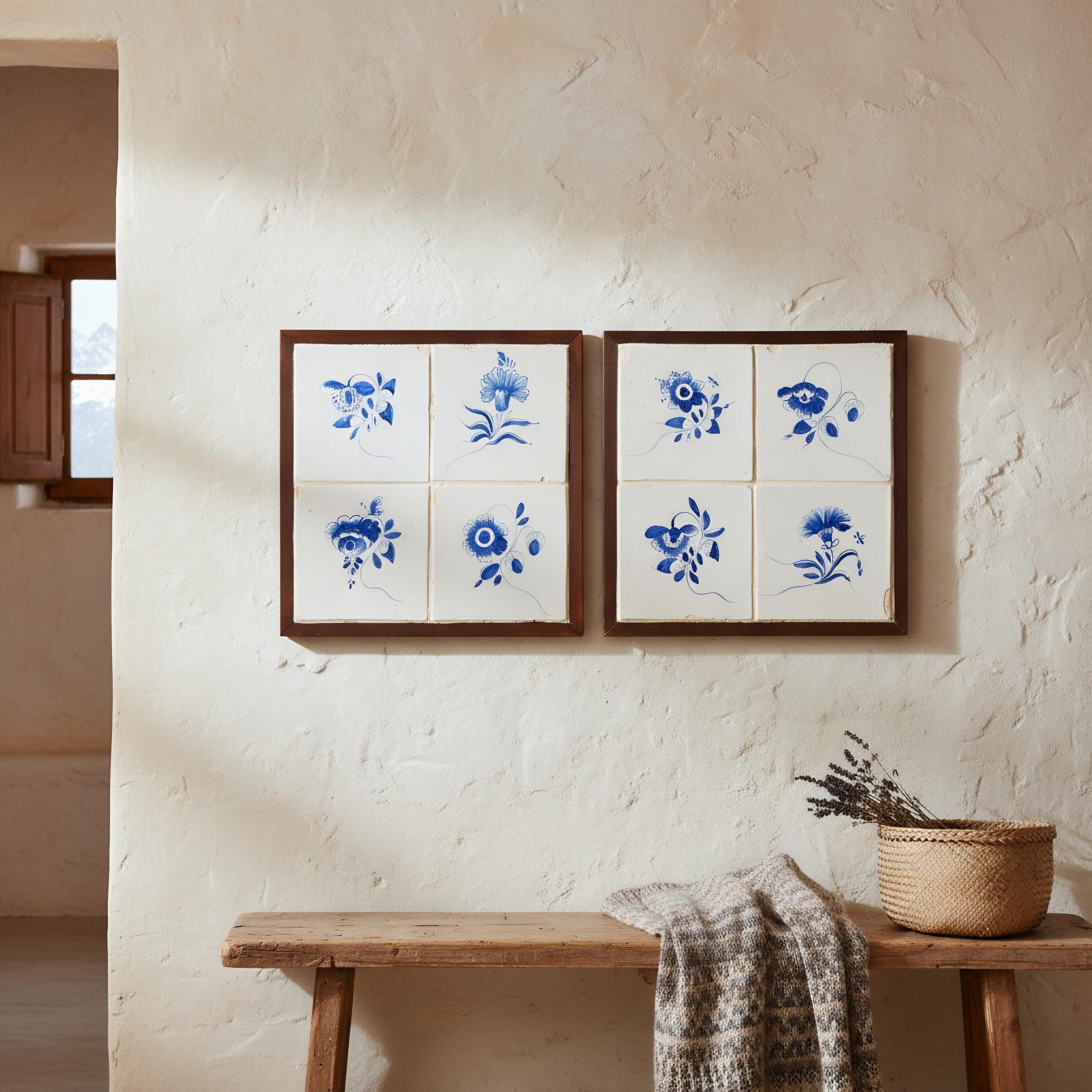 Une belle paire de murales ou de plaques encadrées en faïence de Delft hollandaise du 18e siècle, comprenant 8 carreaux floraux, vers 1750. Chaque carreau est moulé et peint à la main avec un motif floral et feuillu, y compris des insectes.