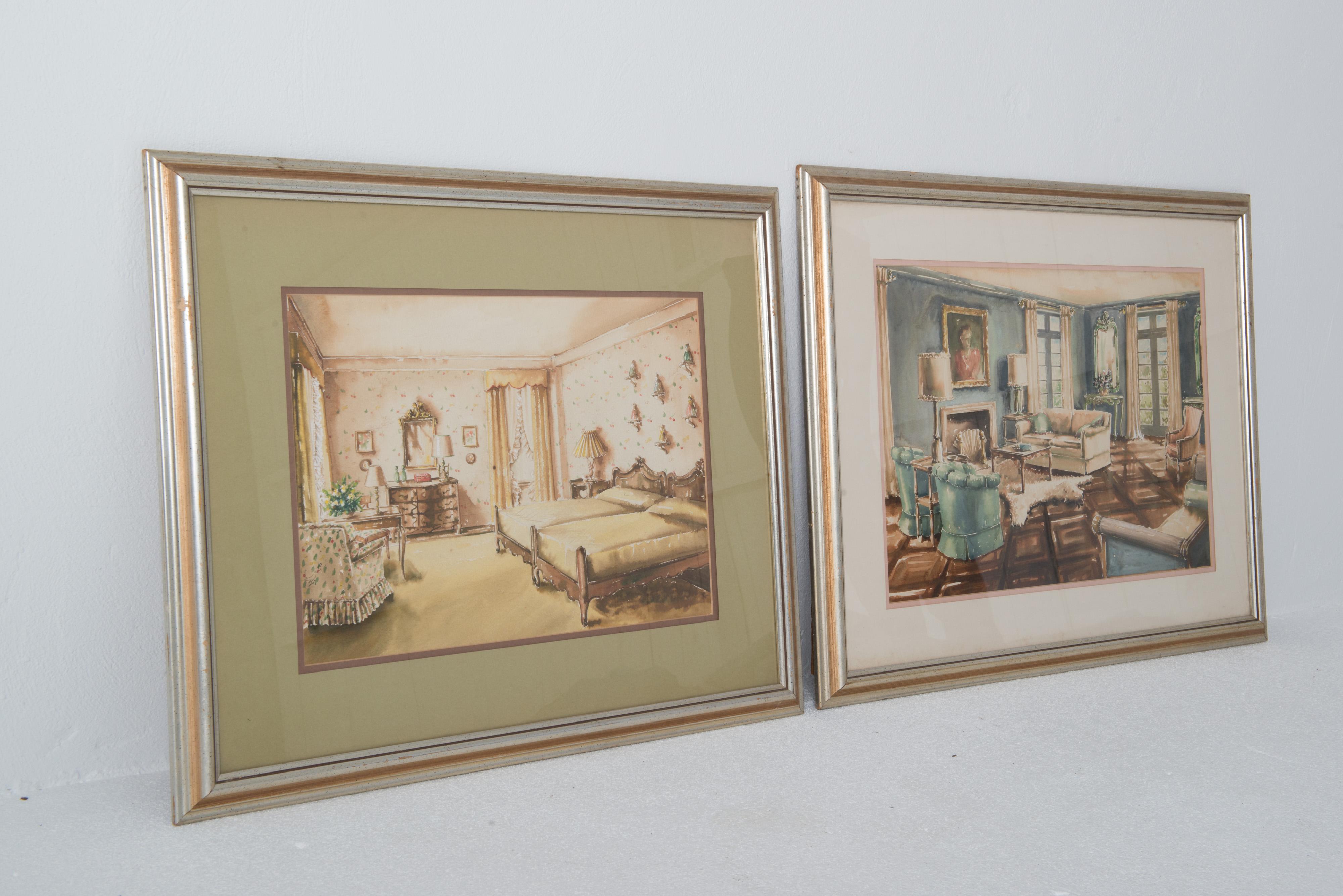 These are two stunning watercolor renderings of quintessential 1940s interiors.
One is a beautiful teal and cream living room. The other is a charming patterned beige bedroom. Both paintings are matted and framed in gilt wood frames.
The green