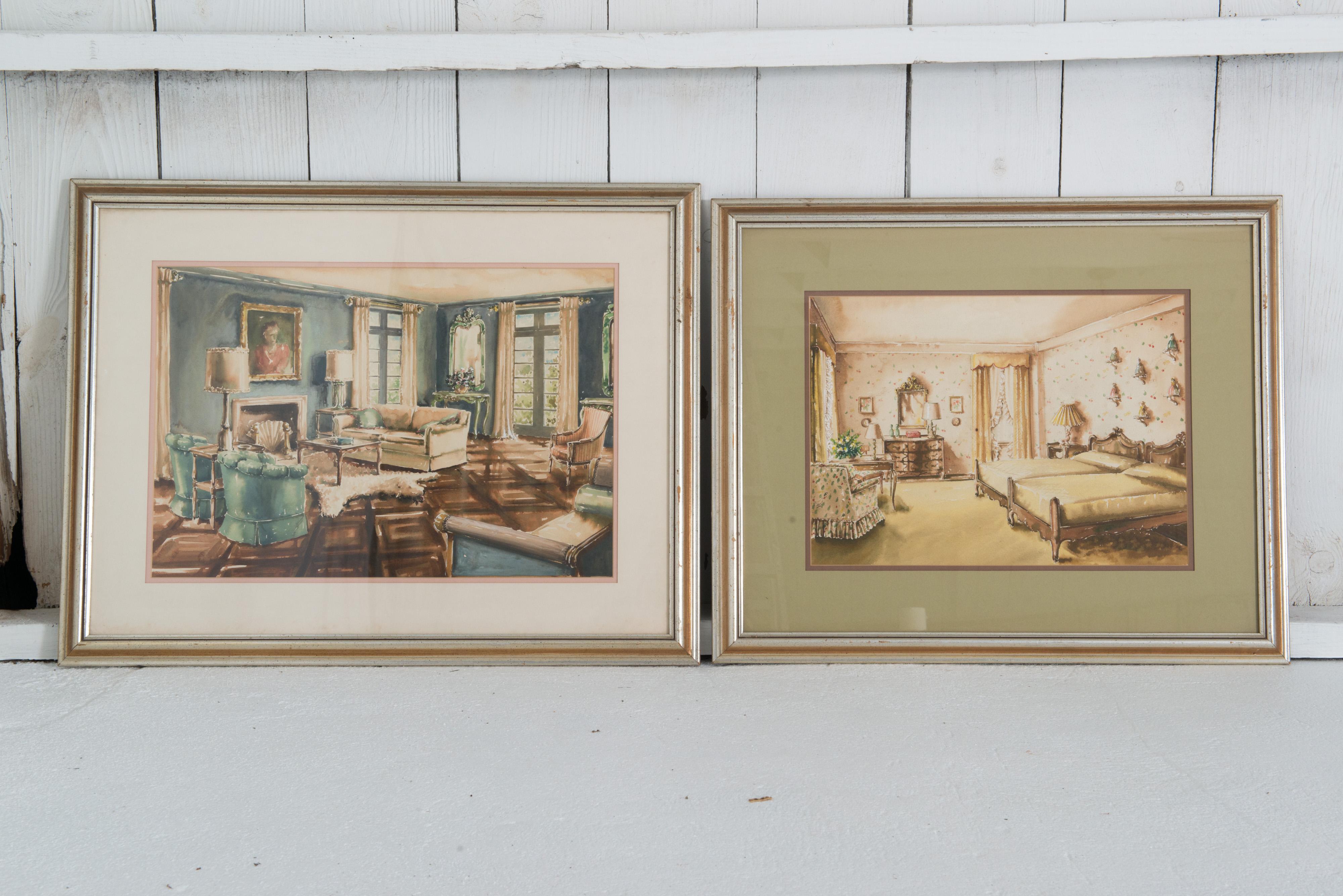 Classique américain Paire d'aquarelles d'intérieurs domestiques encadrées des années 1940 en vente