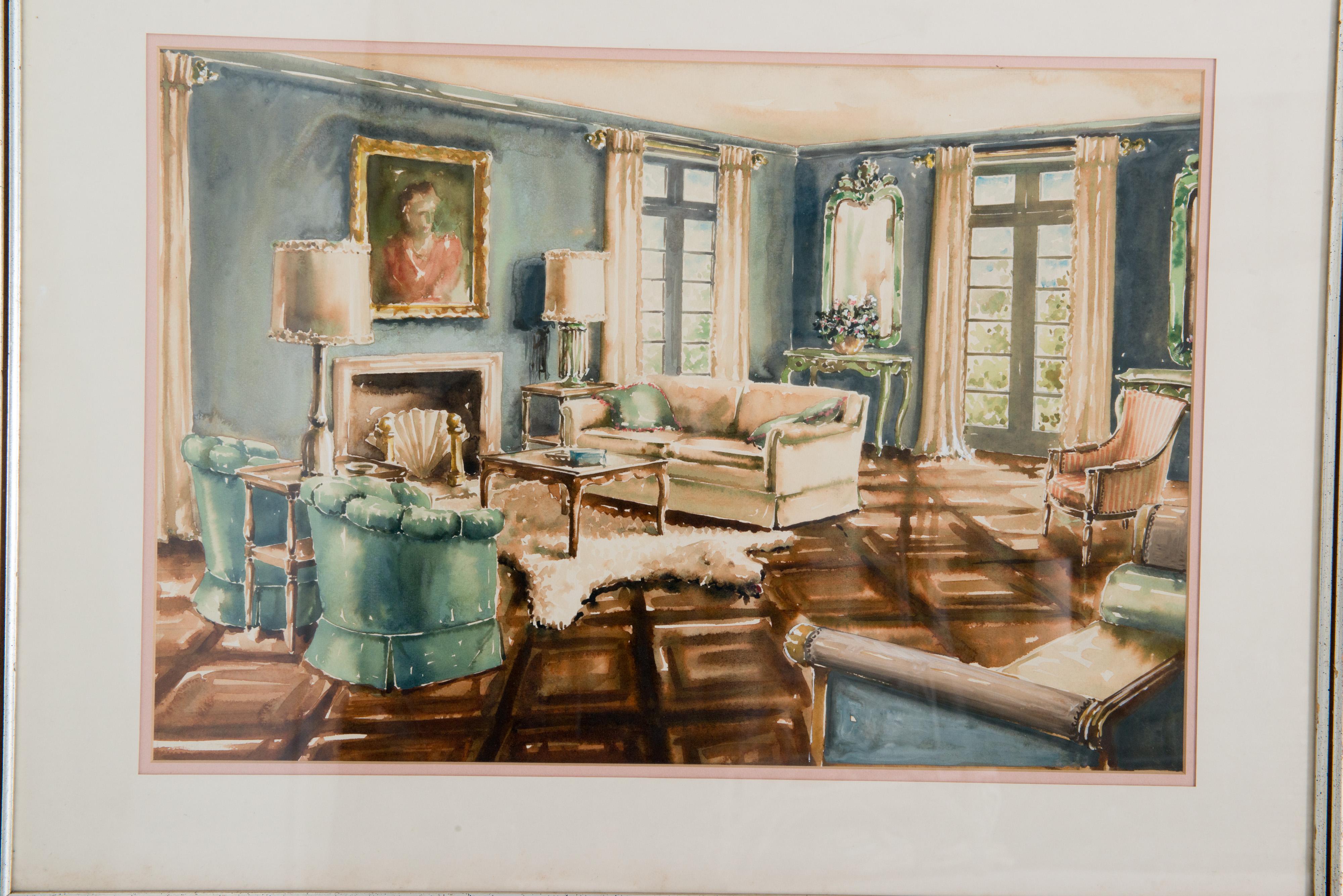 American Classical Pair of Framed 1940s Domestic Interior Watercolor Renderings For Sale