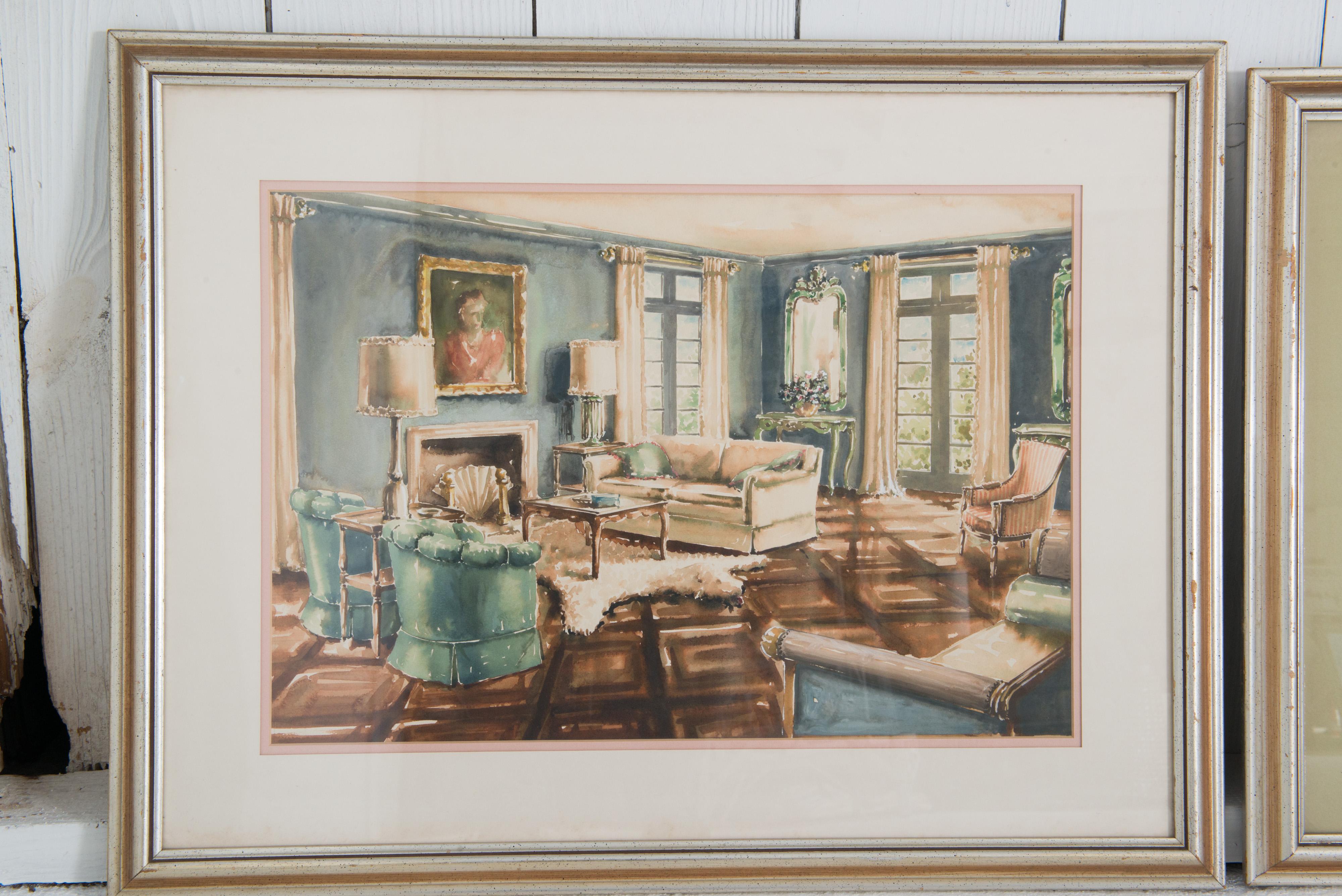 Peint à la main Paire d'aquarelles d'intérieurs domestiques encadrées des années 1940 en vente