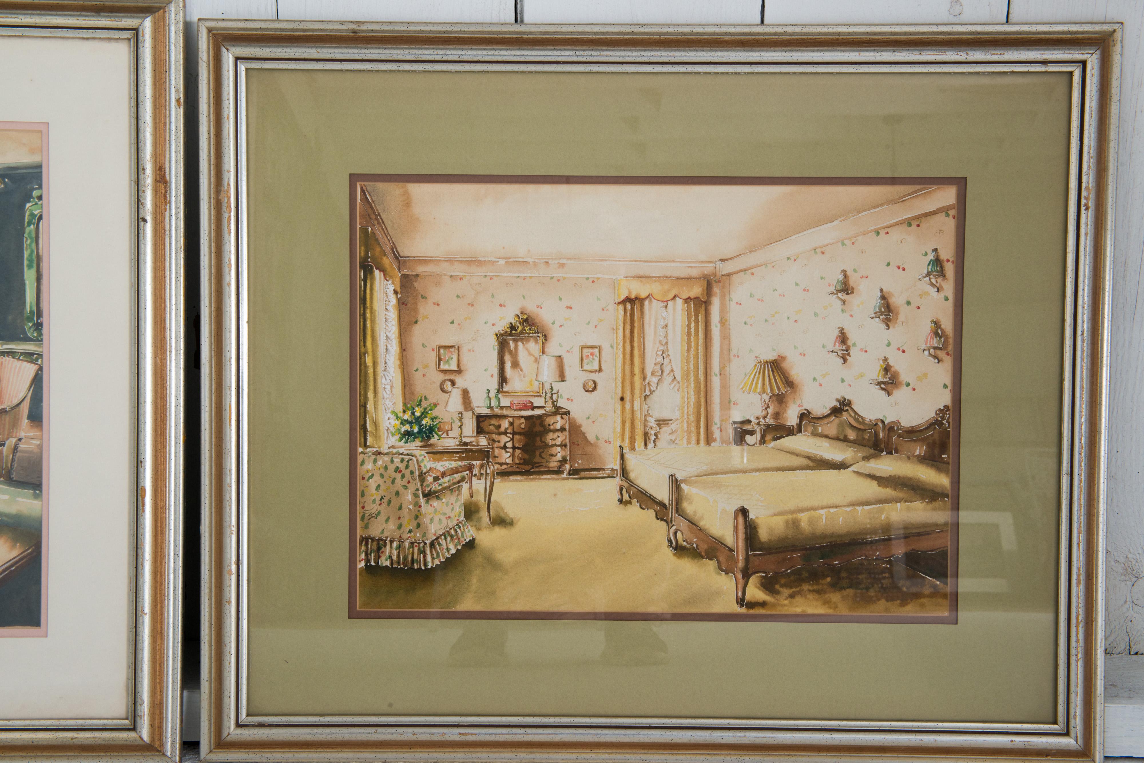 Hand-Painted Pair of Framed 1940s Domestic Interior Watercolor Renderings For Sale
