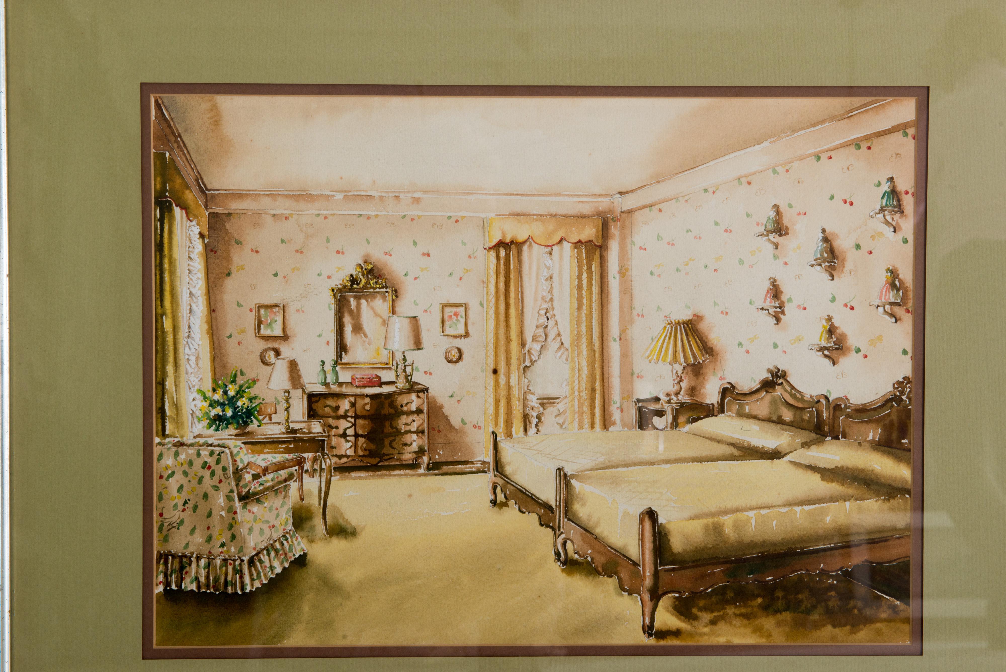Milieu du XXe siècle Paire d'aquarelles d'intérieurs domestiques encadrées des années 1940 en vente