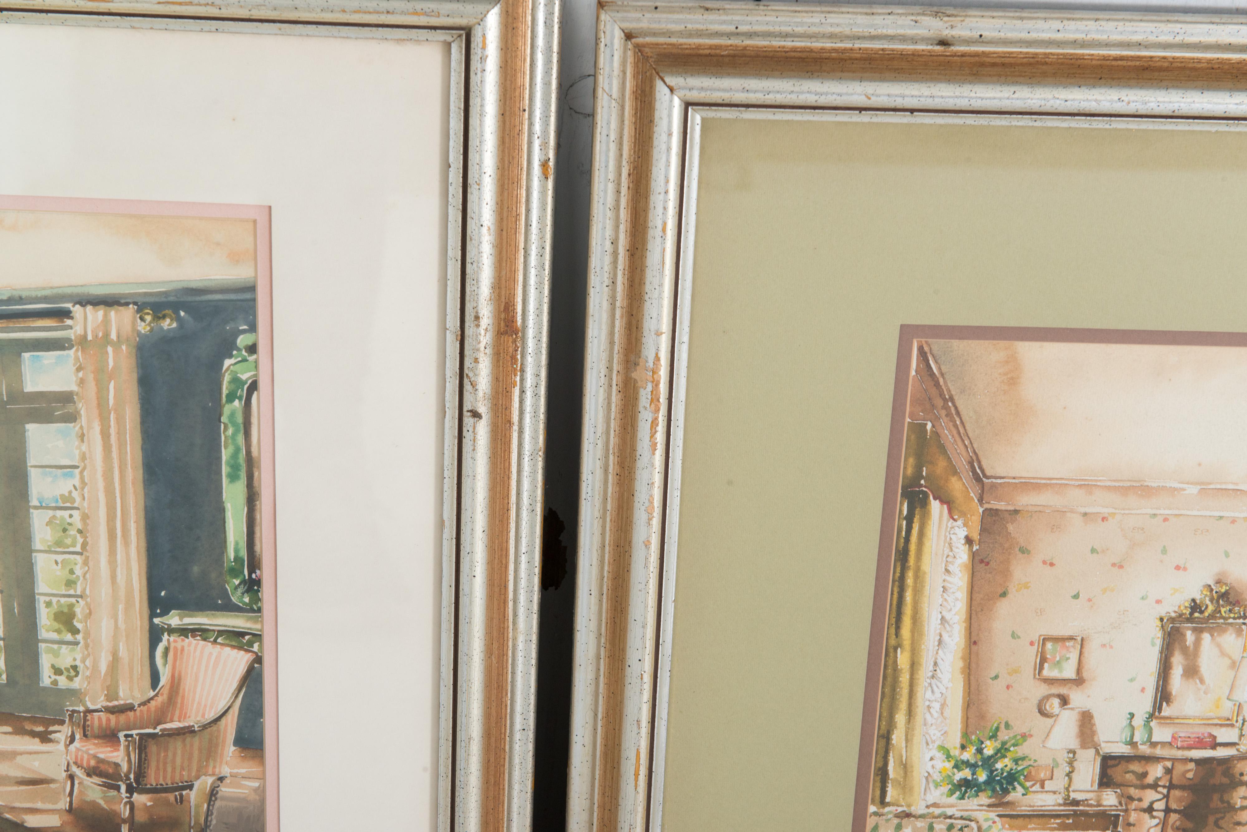 Verre Paire d'aquarelles d'intérieurs domestiques encadrées des années 1940 en vente