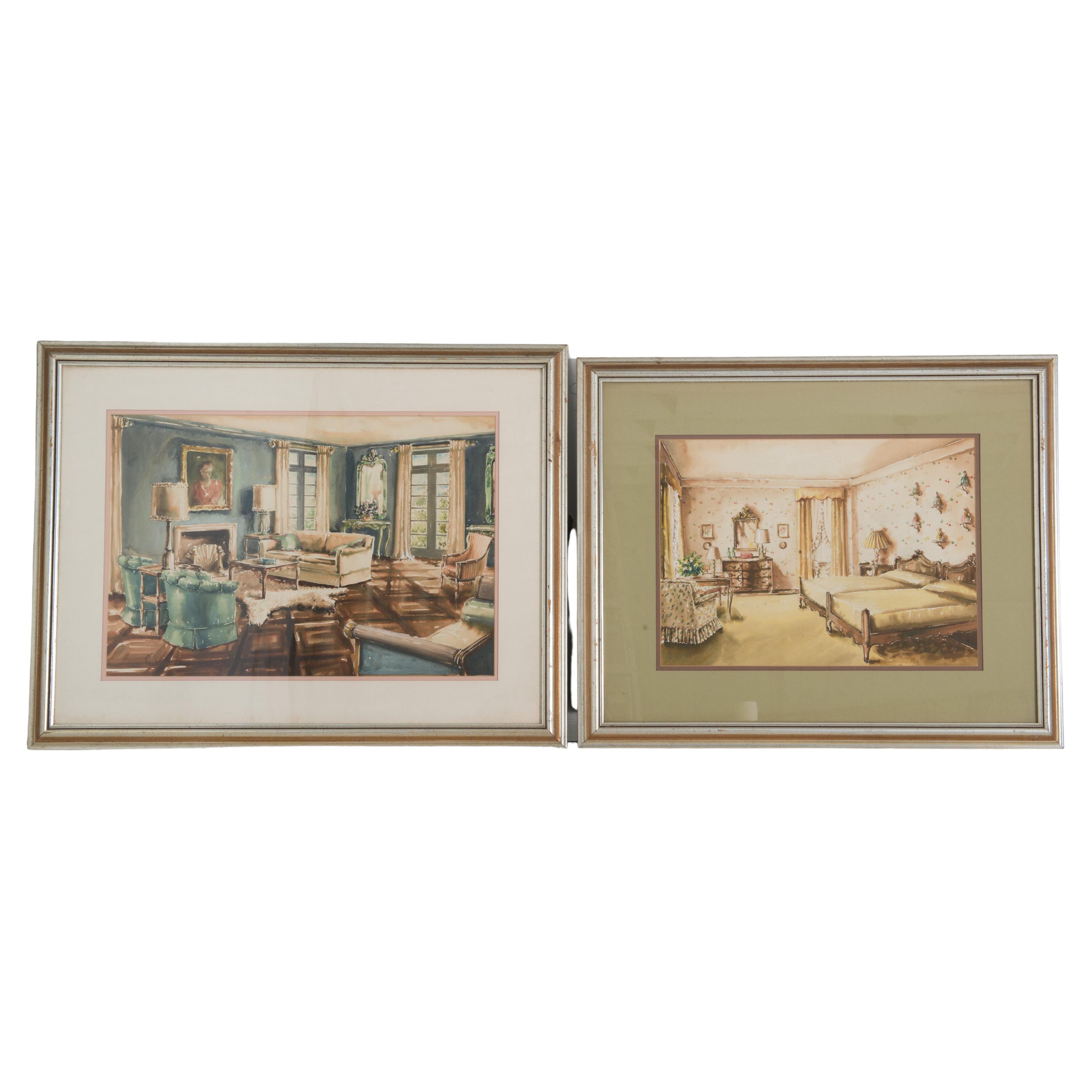 Paire d'aquarelles d'intérieurs domestiques encadrées des années 1940 en vente