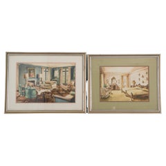 Pair of Framed 1940s Domestic Interior Watercolor Renderings
