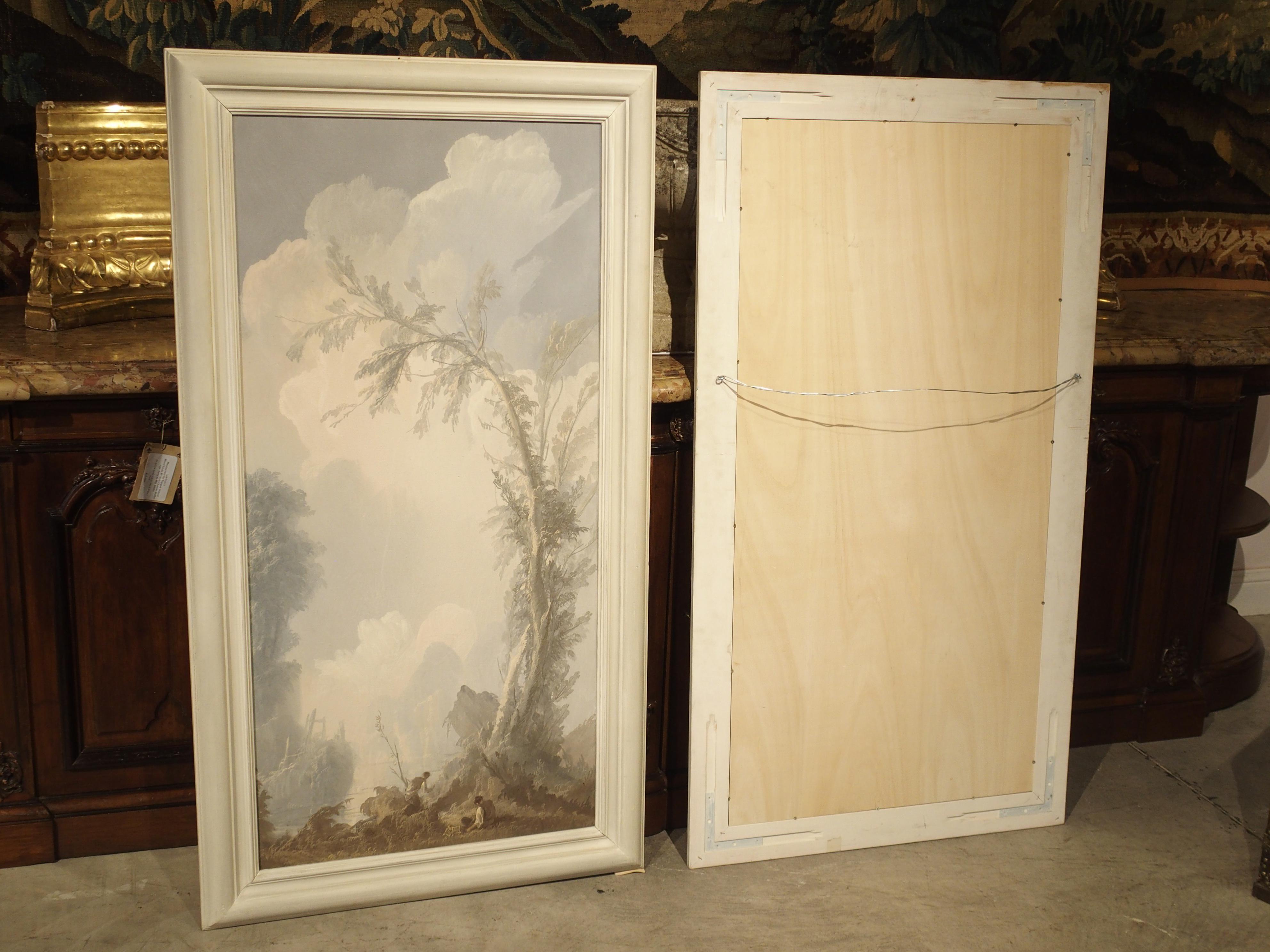 French Pair of Framed 19th Century Vertical Landscapes, Hand Painted Paper on Board