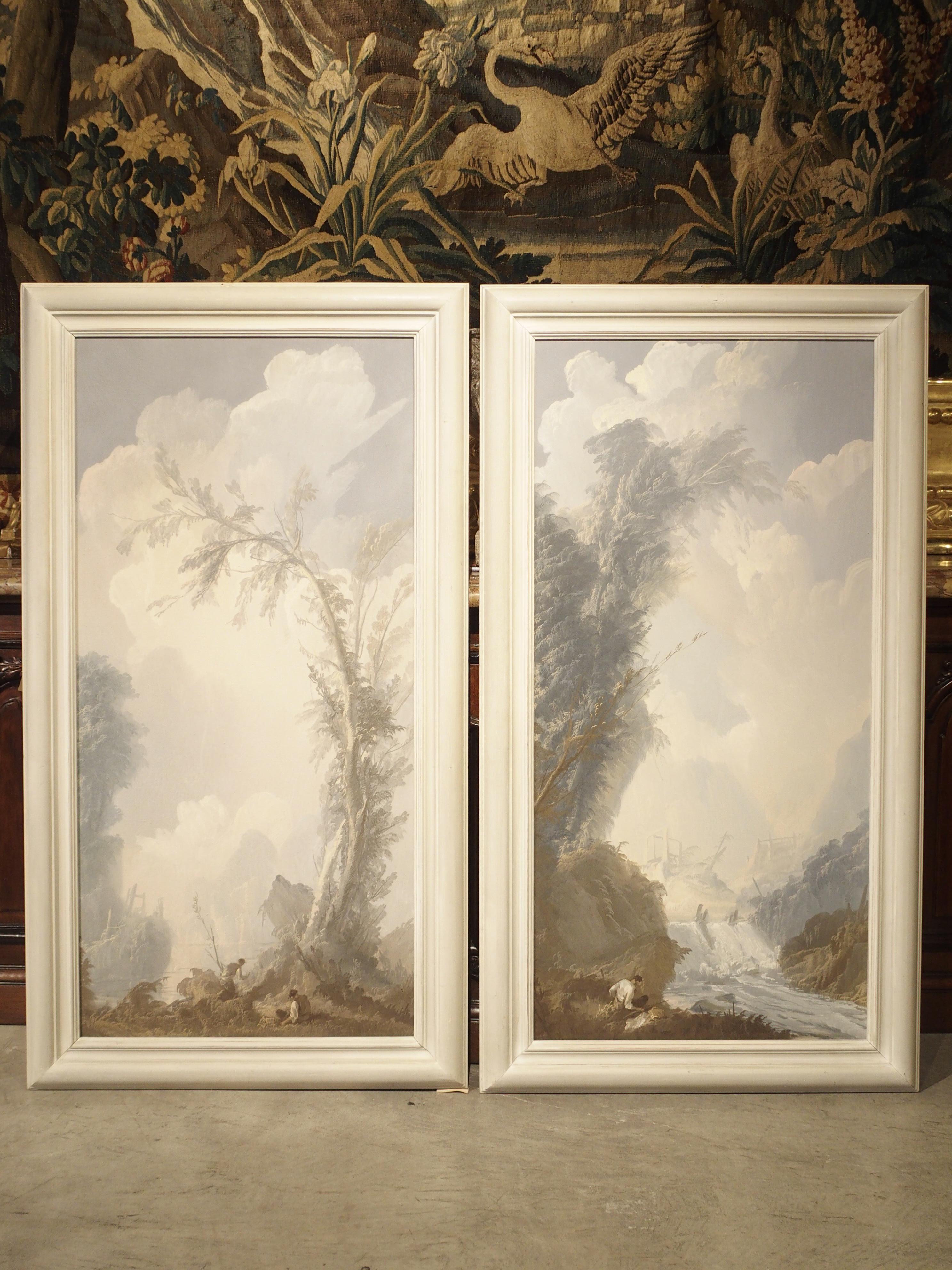 Pair of Framed 19th Century Vertical Landscapes, Hand Painted Paper on Board In Good Condition In Dallas, TX