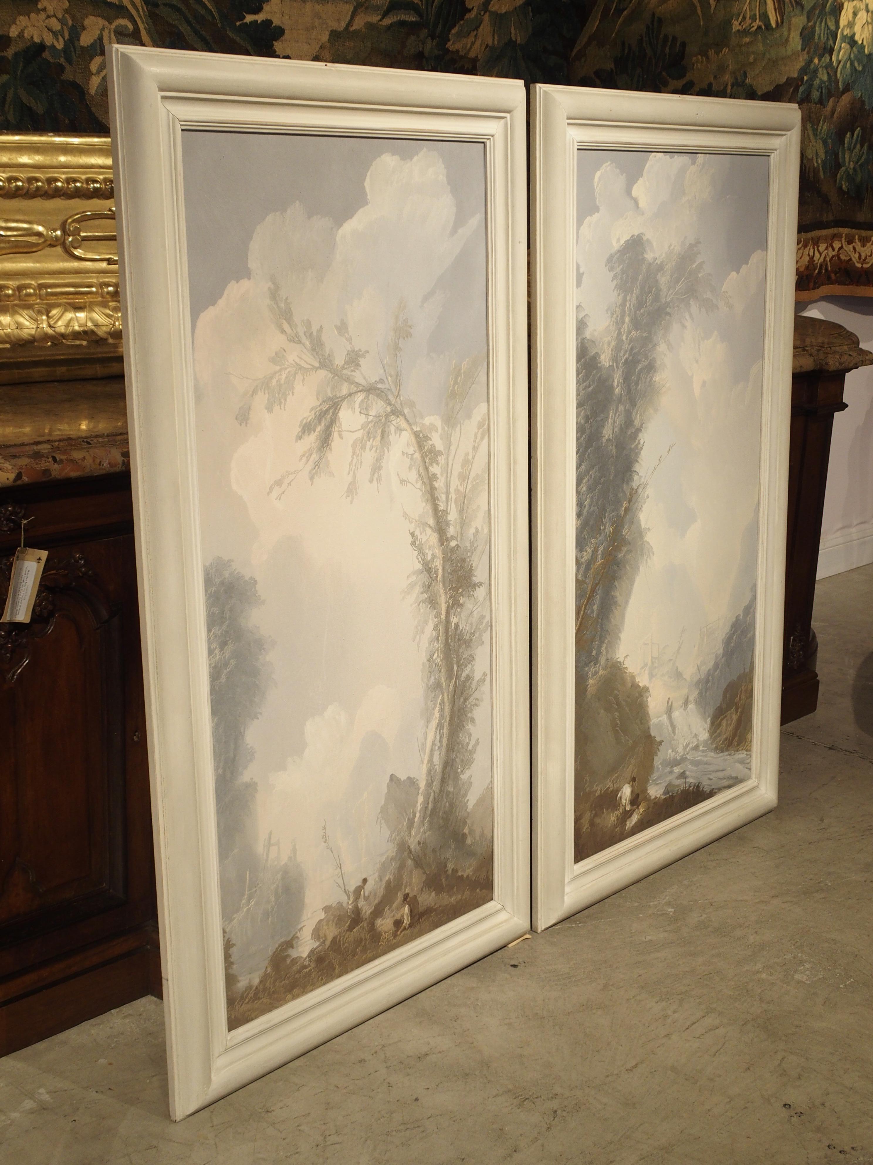 Wood Pair of Framed 19th Century Vertical Landscapes, Hand Painted Paper on Board
