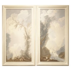 Pair of Framed 19th Century Vertical Landscapes, Hand Painted Paper on Board