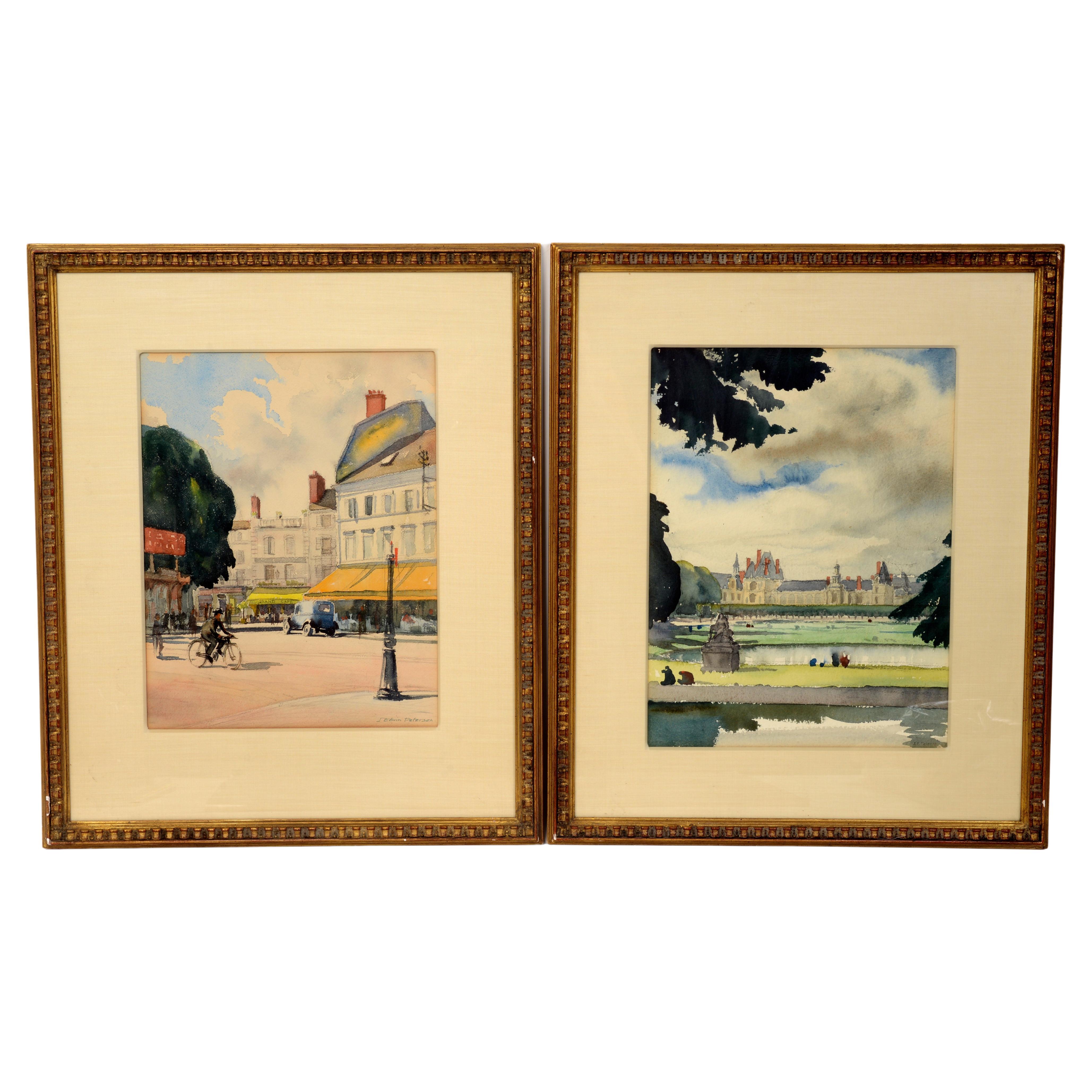 Pair of Framed and Matted Watercolors Signed J. Edwin Petersen For Sale