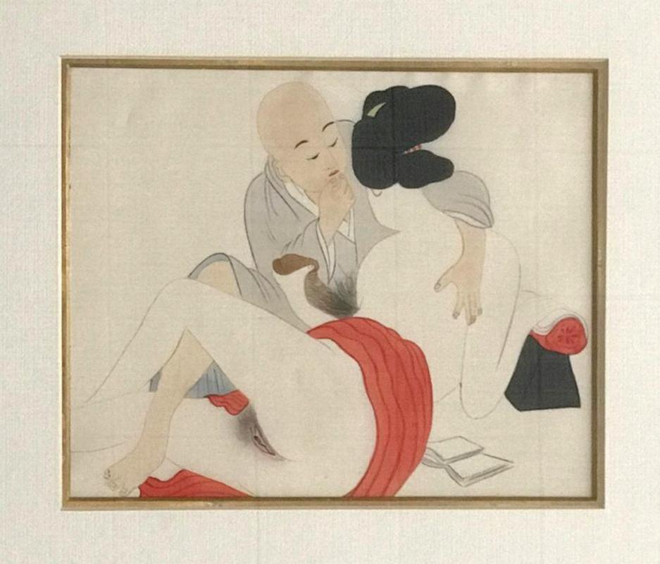 Ein wunderschönes Paar Shunga-Gemälde (die japanische erotische Malerei) aus der Meiji-Zeit:: etwa Ende des 19. Jahrhunderts. Die handgemalten Szenen häuslicher sexueller Vergnügungen auf Seide wurden in schöne Holzrahmen mit reinen Blattecken