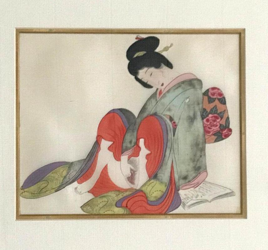 Japonisme Pair of Framed Antique Japanese Shunga Paintings on Silk